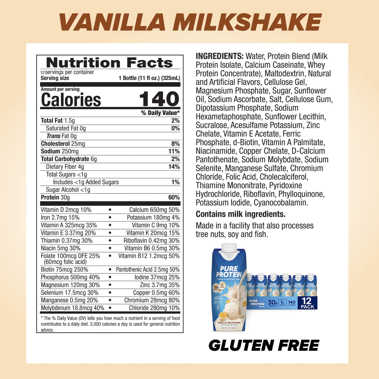 Pure Protein Vanilla Protein Shake, 30g Complete Protein, Vitamins A, C, D, and E plus Zinc to Support Immune Health, Ready to Drink and Keto-Friendly, 11oz Bottles, 12 Pack