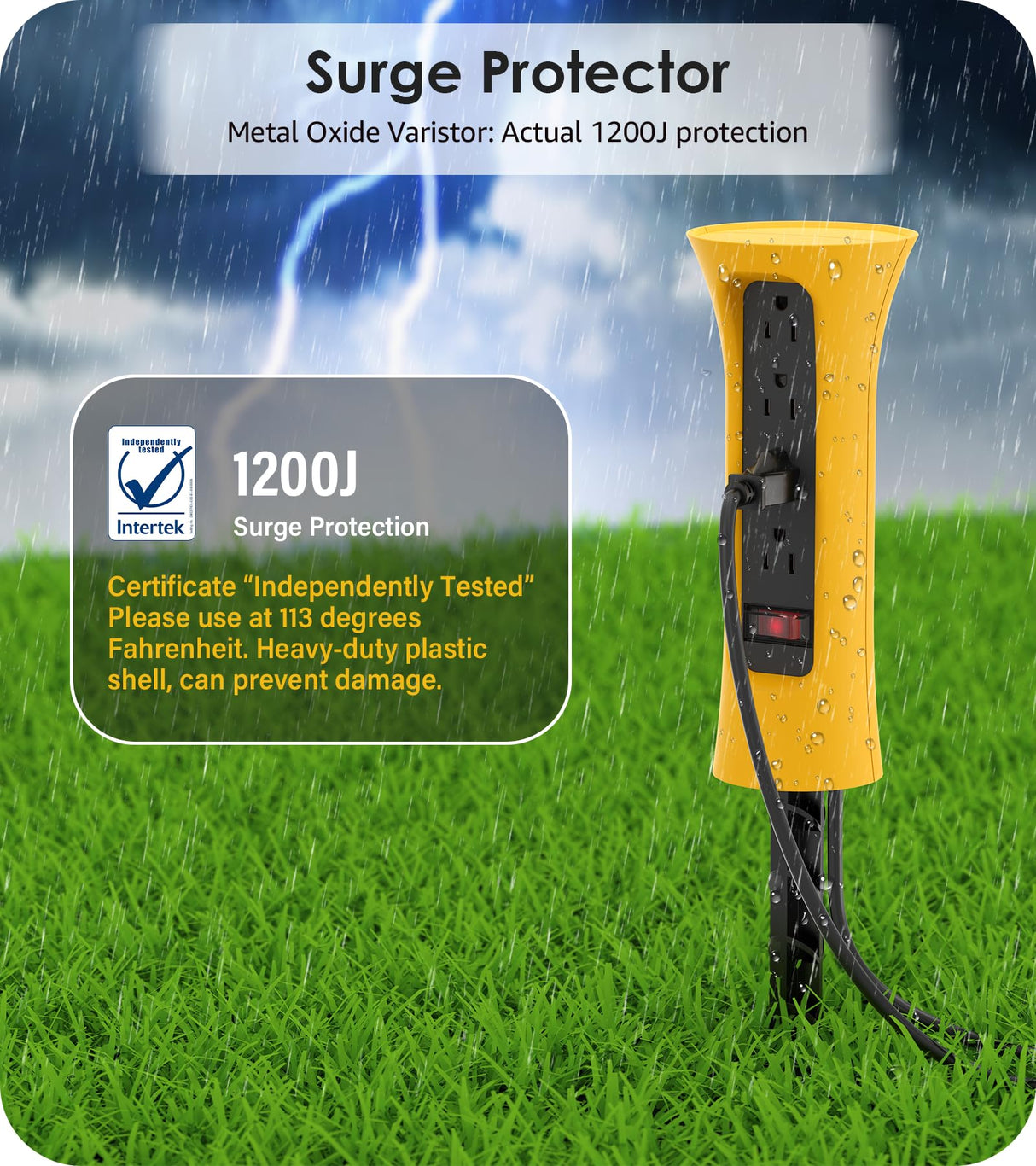 CCCEI Outdoor Power Strip Weatherproof with Stake, Waterproof Extension Cord with Multiple Outlets, Christmas Exterior Garden Decor, Yard, Camping, 4 Plugs, Surge Protector 6FT, Yellow.