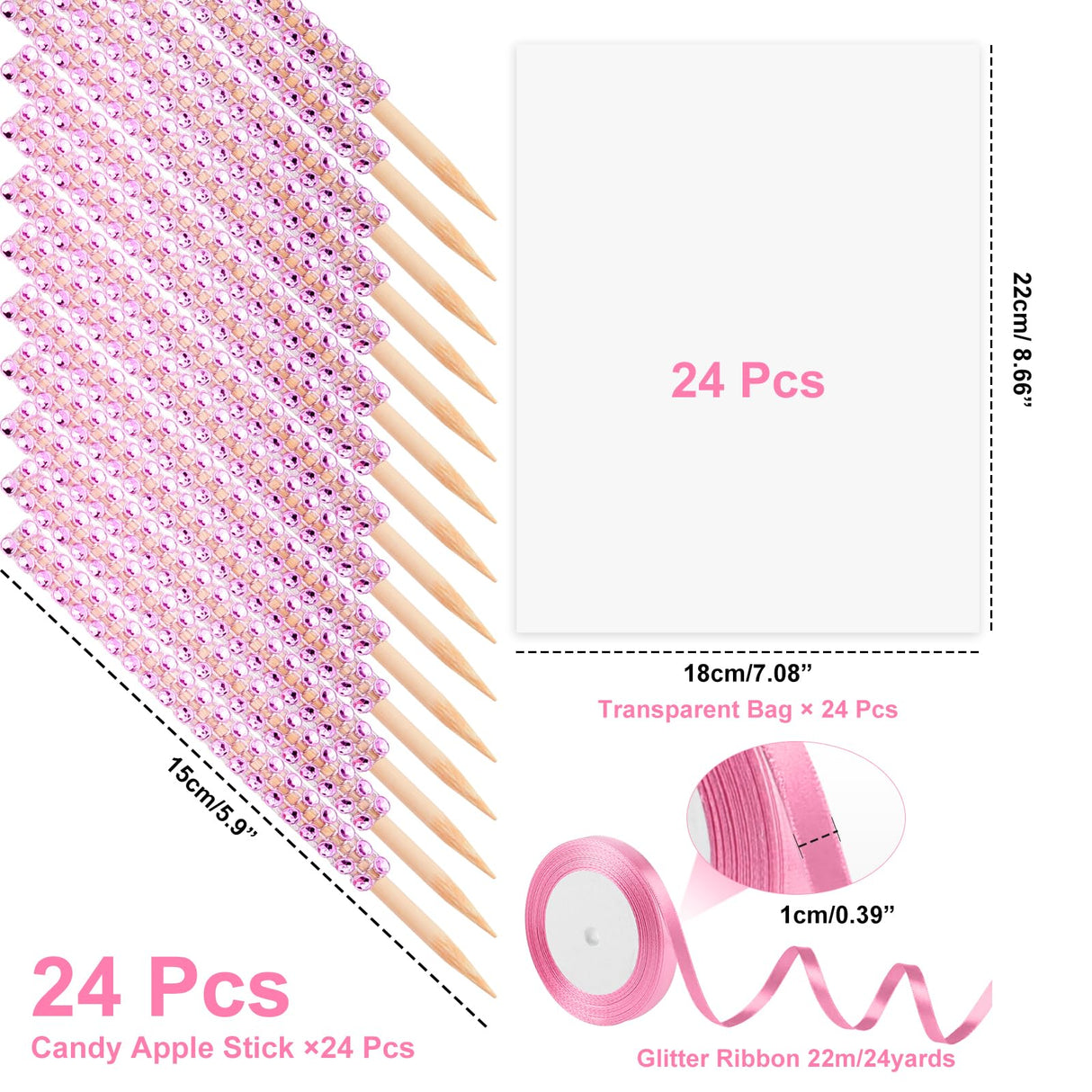 ASTARON 24 Pack Glitter Bling Candy Apple Sticks and Bags, Cake Pop Sticks Kit Including Caramel Apple Sticks with Ribbon and Chocolate Apple Packaging Bags for Party Supplies (Pink)