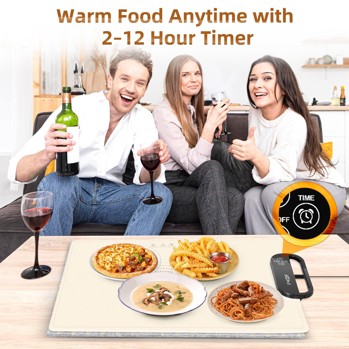 Food Warming Mat – Fast Heating Electric Warming Tray with 7 Temp Settings, 11-Hour Timer & Auto Shut-Off, Foldable Silicone Mat with Child Lock, Portable Warming Pad for Buffets, Holidays – Beige
