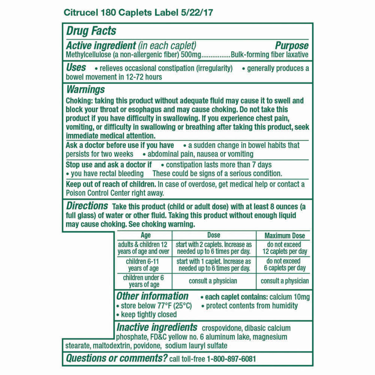 Citrucel Fiber Therapy Caplets for Irregularity, Easy to Swallow Methylcellulose , 180 Count