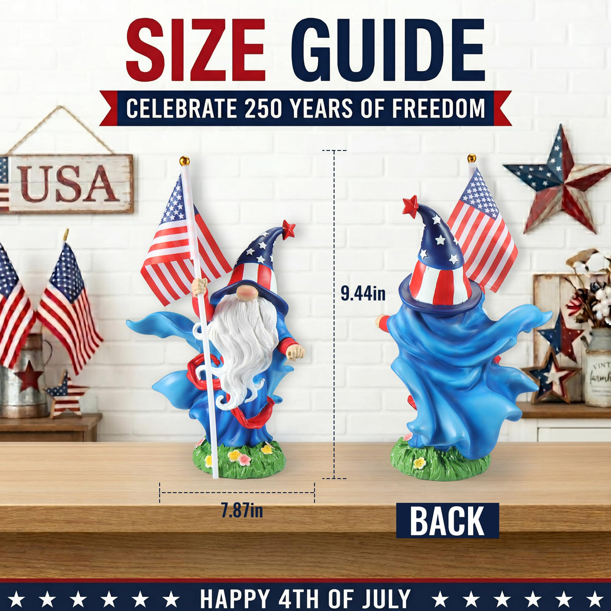 4th of July Decorations Patriotic Gnome Statue Holding American Flag, 250 Years America Faceless Garden Gnome Decor for Indoor Outdoor Patio Yard Lawn, Independence Day Memorial Day USA Merchandise