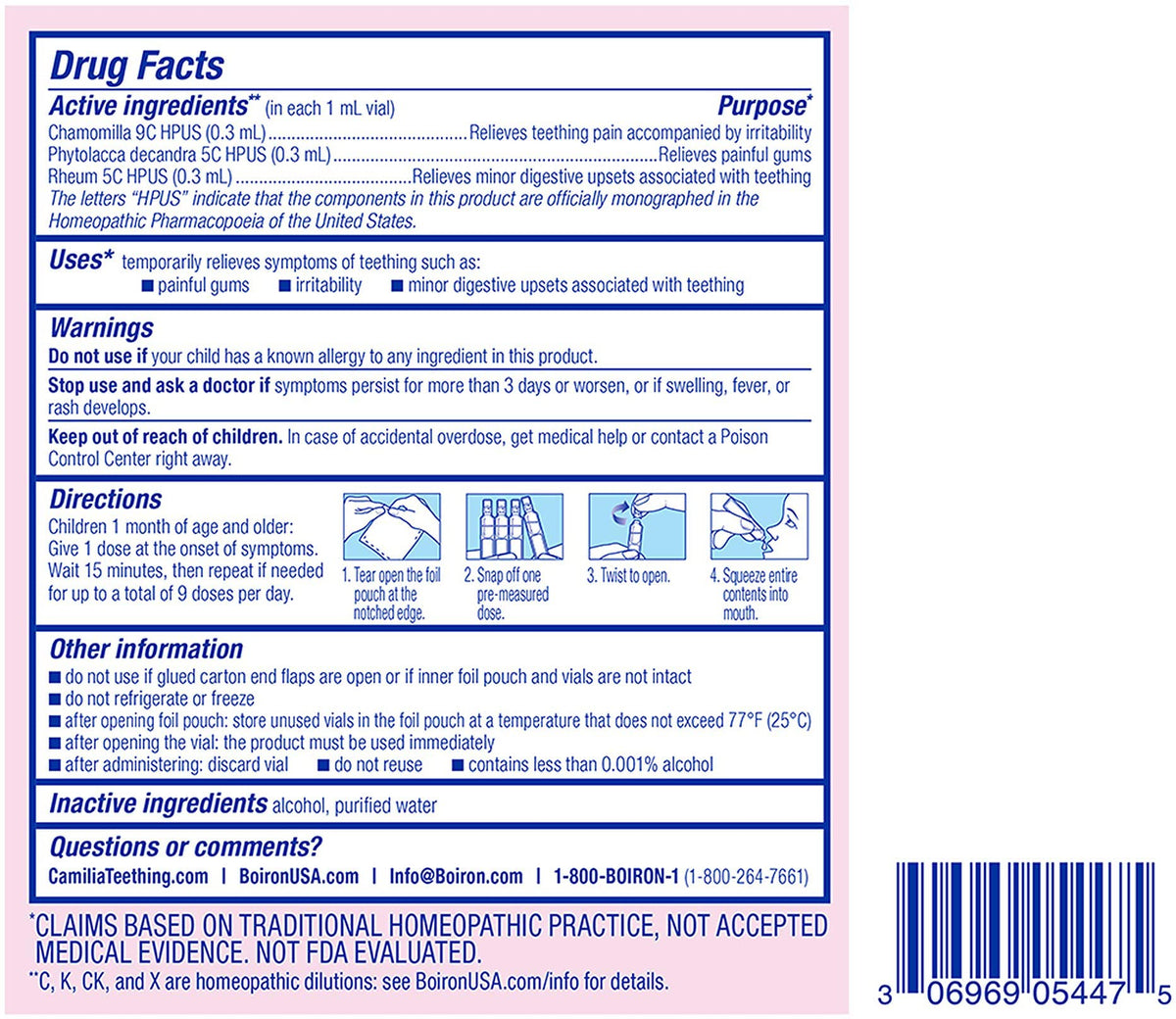 Boiron Camilia Teething Drops for Daytime and Nighttime Relief of Painful or Swollen Gums and Irritability in Babies - 40 Liquid Droppers Bundled in 8 separate packs of 5