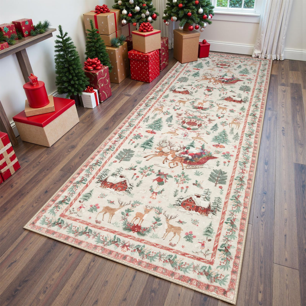 Lahome Christmas Runner Rug 2x6 Beige Runners for Hallways,Kitchen Rugs Non Slip Washable Entryway Carpet Runner,Soft Christmas Tree Santa Claus Runners for Bathroom Holiday Decor(2'x6',Beige)