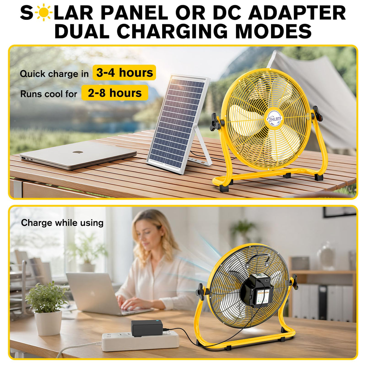 ZMLBTF 14" Solar Powered Fan with 20W Solar Panel & Rechargeable Battery, Portable, Quiet 12 Speed, 360° Tilt Head for Outside, Camping, Travel, Greenhouse, Chicken Coop, Patio, gazebo (Yellow)