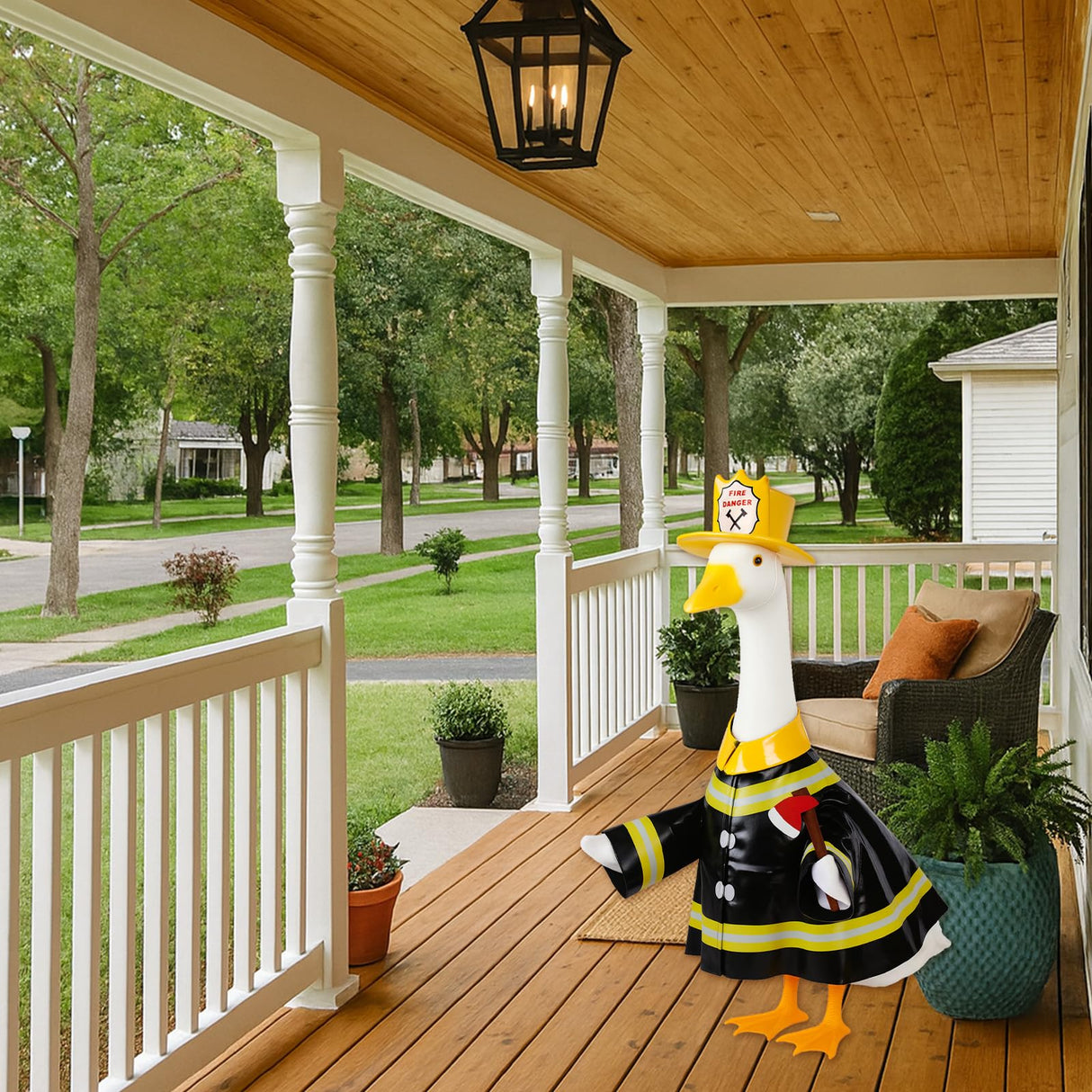 Vzuito Halloween Porch Goose Outfits, Firefighter Goose Costume Yard Geese Statue Clothes for 23" Statue Patio Lawn Garden Decoration
