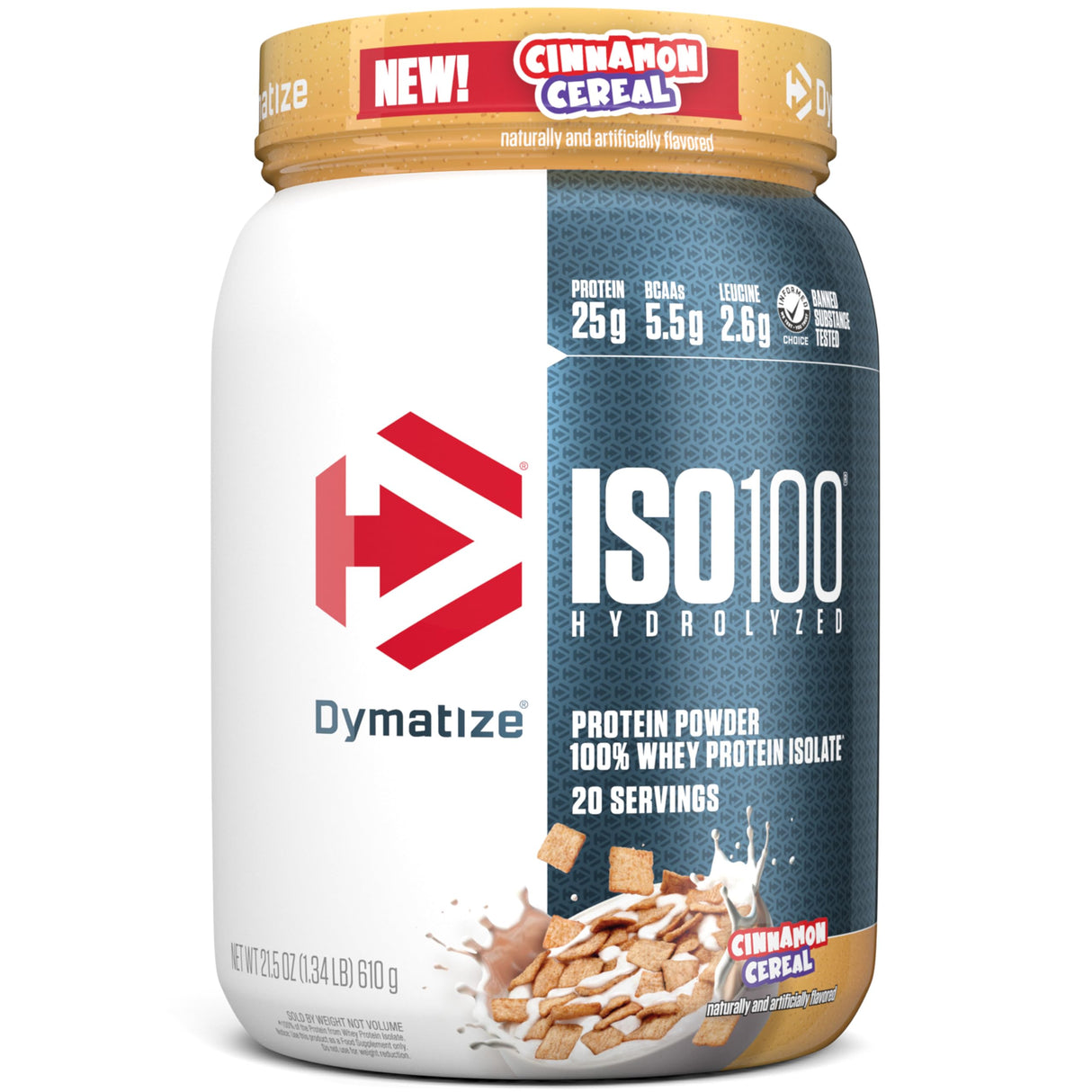 Dymatize ISO100 Whey Protein Powder Isolate, Cinnamon Cereal, 25g of Protein, 20 Servings, 5.5g BCAAs, Less Than 120 Cal., Gluten Free, 1g Fat, 1g Sugar, 2g Carb