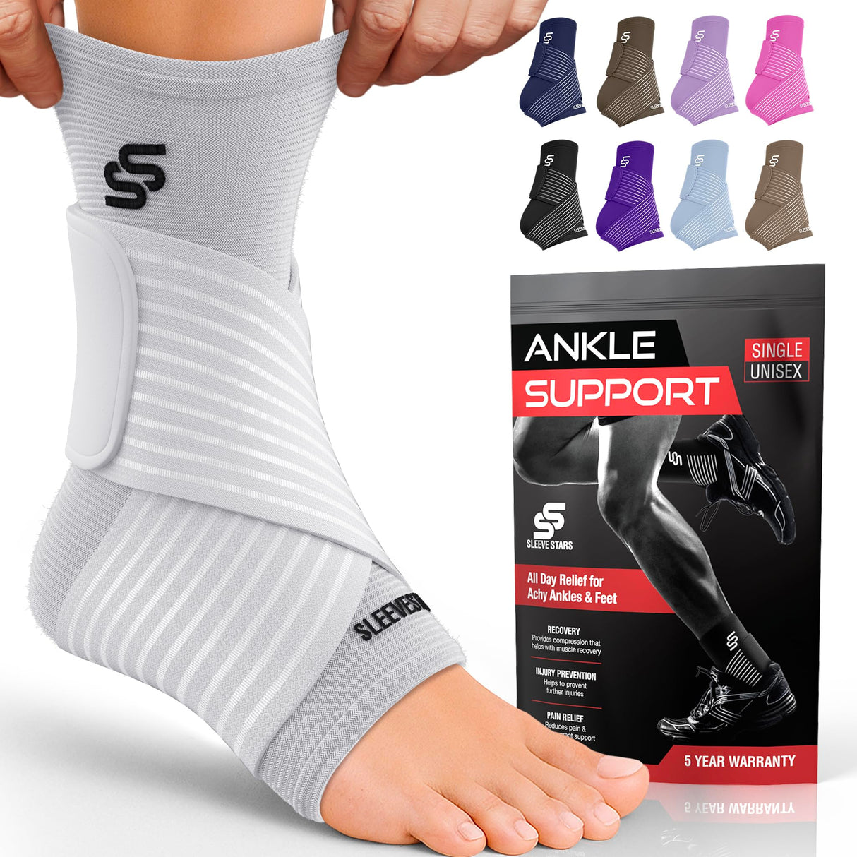 Sleeve Stars Ankle Brace for Women & Men, Ankle Wrap for Sprain, Compression Sleeve for Plantar Fasciitis Relief, Easy Customizable Support: w/ Removable Strap (Single/M:10"-12"/White)