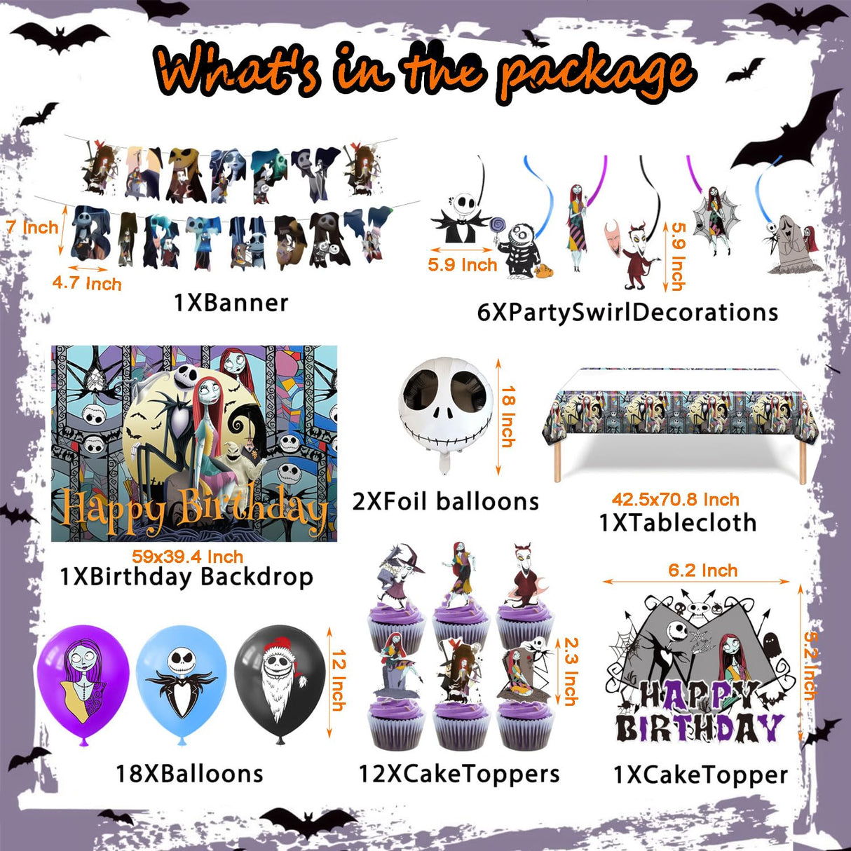 Favuit Birthday Decorations, Nightmare Christmas Party Supplies Halloween Birthday Party Decorations Set Includes Banner Balloons Tablecloth Backdrop Hanging Swirls Cake Toppers