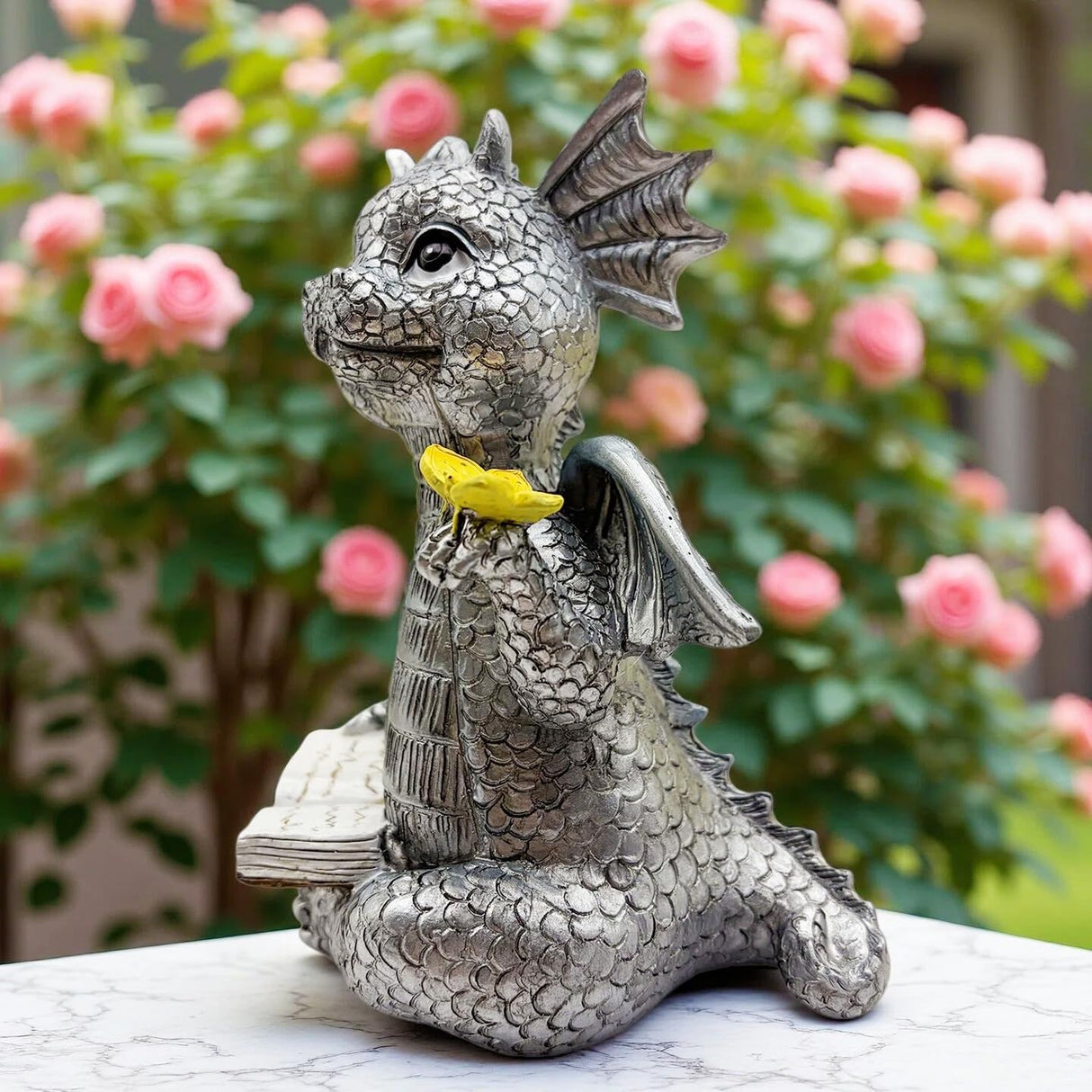 JARPSIRY Cute Dragon Reading Book Statue, 5.9-Inch Tall Dinosaur Holding Butterfly Figurines Art Resin Sculpture Outdoor Garden Decor Home Desk Ornaments
