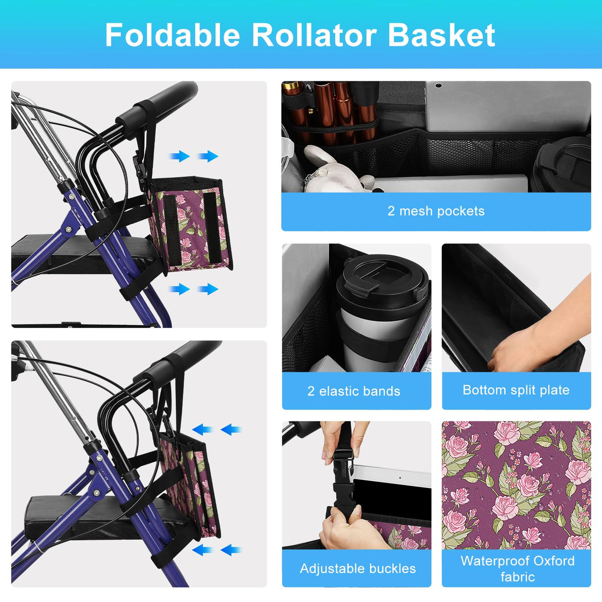 Rollator Basket, supregear Rollator Walker Bag w/Cup Holder, Foldable Rolling Walker Waterproof Storage Pouch with Big Capacity & Never Tipping Over, Easy to Use Rollator Accessories for Seniors