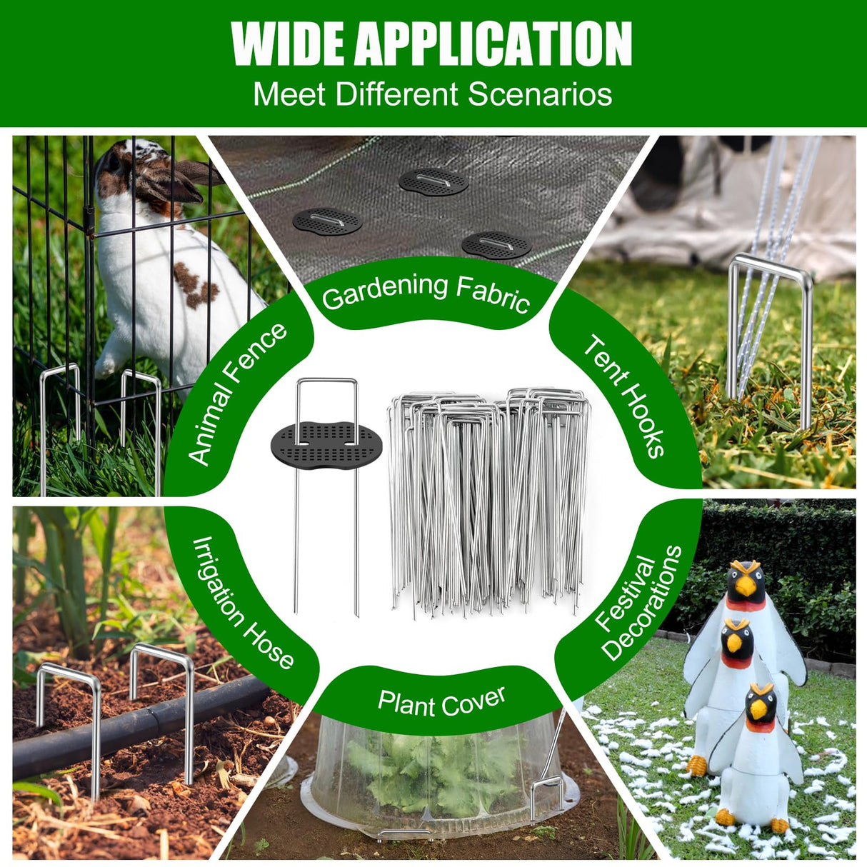 Landscape Fabric Staples with Rubber Hammer,6Inch 50pcs Galvanized Garden Pegs+ 50pcs Gaskets + Pick Hook + Gloves,Anti-Rust,U-Shaped Lawn Spikes,Yard Turf Pins for Weed Barrier,Ground Grass Cover