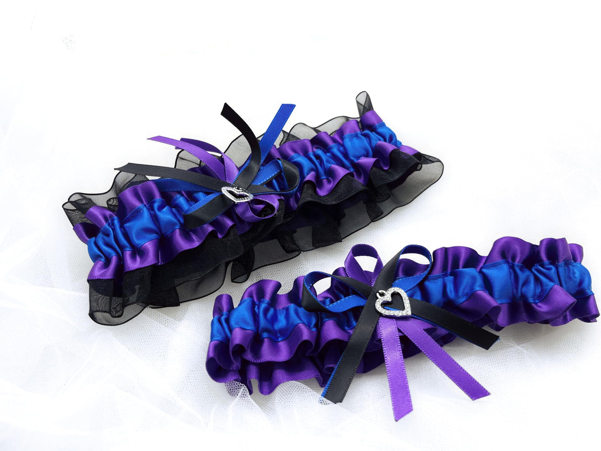 UnderYours Lace Wedding Garters for Bride, Royal Blue Purple Black leg Garter Set with Charm for Wedding Prom(Purple)