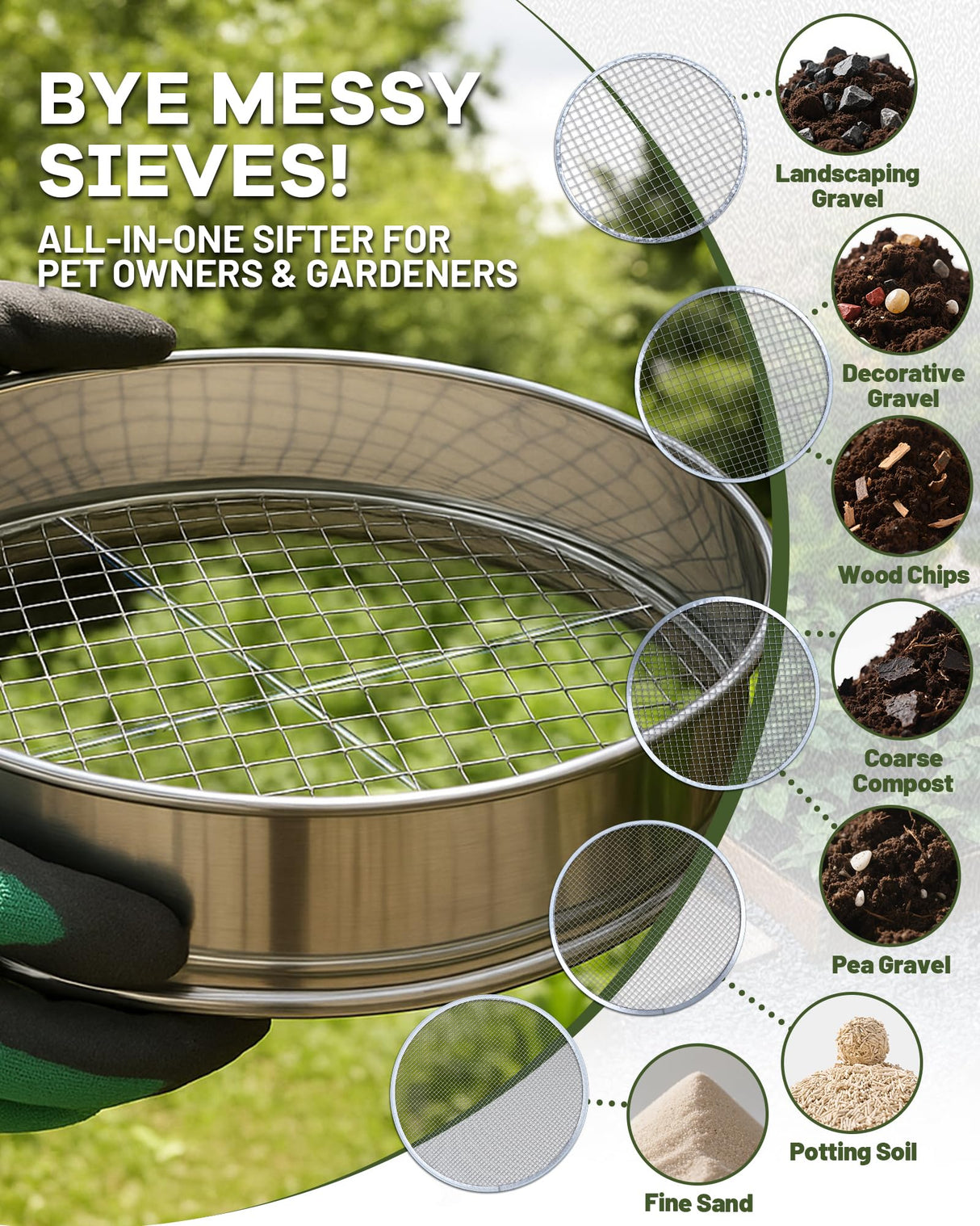 HIPULX 5-in-1 Soil Sifter Set with 5 Replaceable Stainless Steel Mesh Screen & Shovel (1/8" to 1/2"), Soil Sifter for Soils, Compost, Bonsai, Cat Litter and More(11-5/8" Diameter)