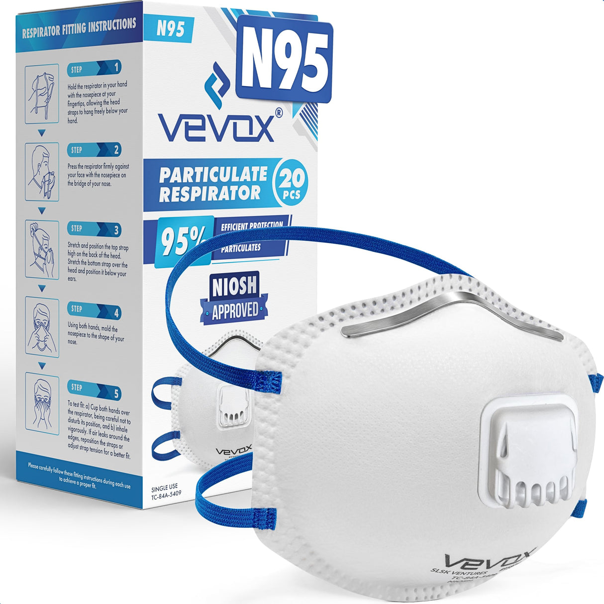 VEVOX™ N95 Masks for Adults – NIOSH Approved – 10 or 20 Pack – Valved Particulate Respirator with Comfort-Plus Seal – Dust Masks for Construction Work, Sanding, Woodworking, Mold, Drywall & Pollen