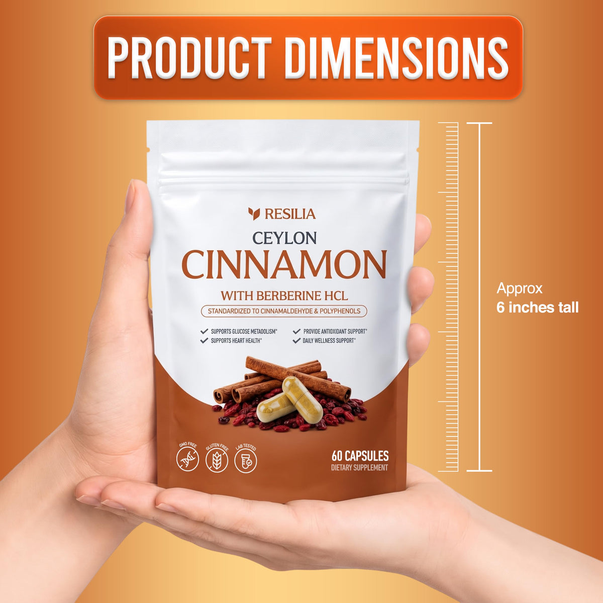 Resilia Ceylon Cinnamon Capsules with Berberine HCl, 60 Vegetable Capsules | 1,000 mg Cinnamon bark and 500 mg Berberine HCl per Two-Capsule Serving, 30-Day Supply
