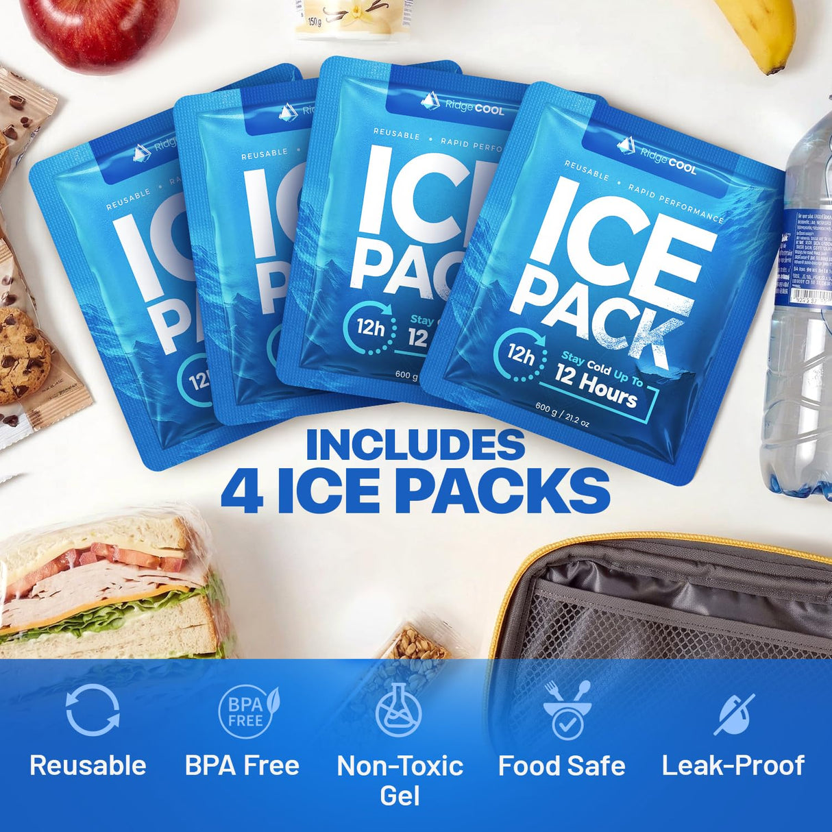 RIDGECOOL 4 Pack Large Reusable Ice Packs for Coolers, BPA-Free Freezer Packs for Cooler, Leakproof, Food Safe, Long Lasting, 9.8 x 8.6 in