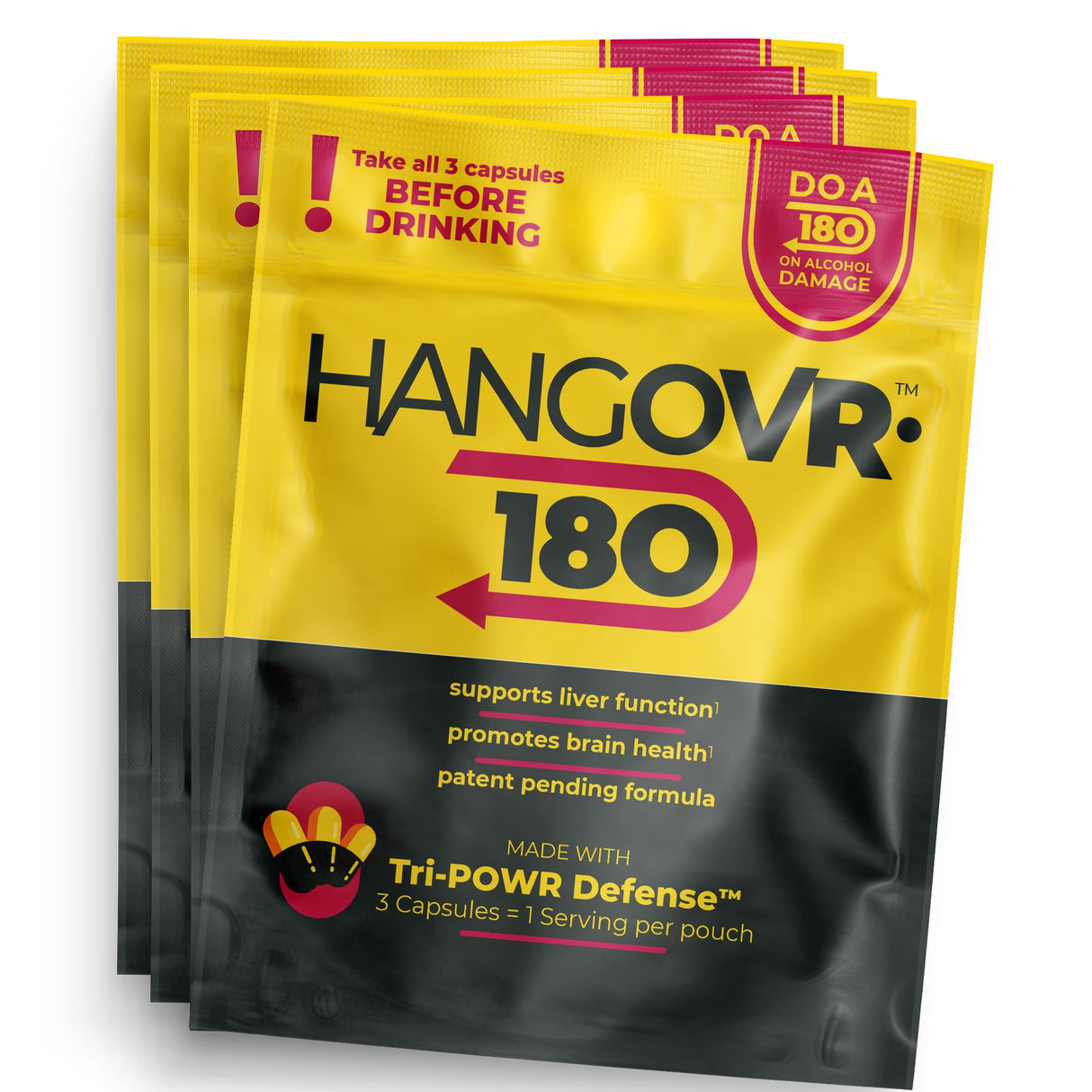 Hangovr 180 Tri-Power Before Drinking Defense 4 Pack - Support Liver & Brain Health, Feel Fresher & Better Energy - - Take Before Drinking for Relief, 3 Capsules per Pouch