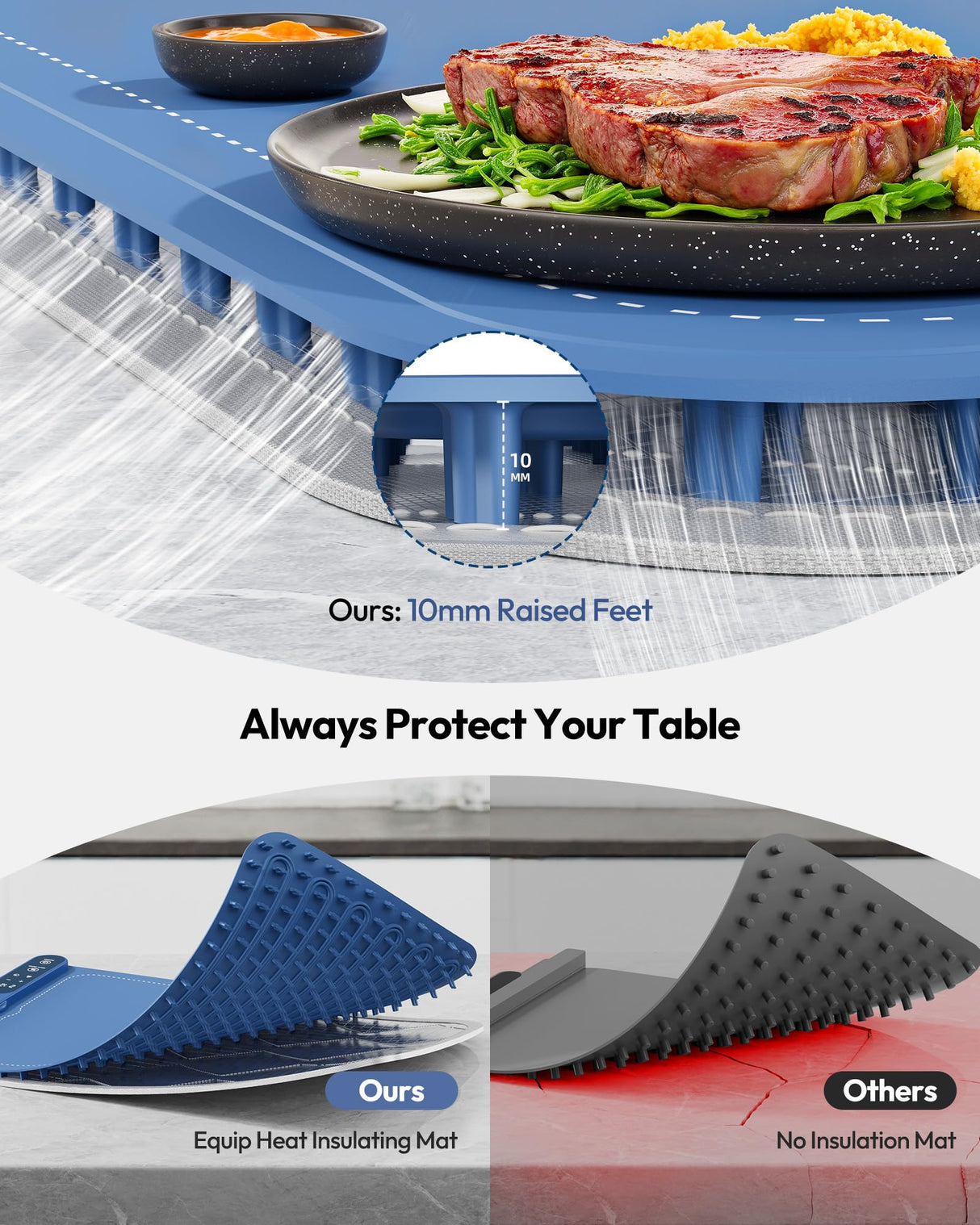 Gaiatop Food Warming Mat, Fast-Heating Silicone Electric Warming Tray with Heat Insulating Pad, 7-Level Temp 8h Timer Food Warmer Mat, Portable Heating Mat for Countertop Gatherings Party Home, Blue