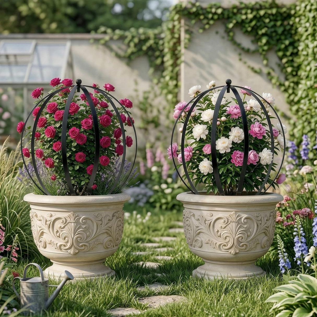HEYTIMI 2 PCS Metal Garden Round Trellis for Climbing Plants, Large Black Powder Coated Obelisk for Roses, Vines, Flowers, Patio Doorway Garden Decor Indoor Outdoor, Easy Assembly (25.2" x 21.3")