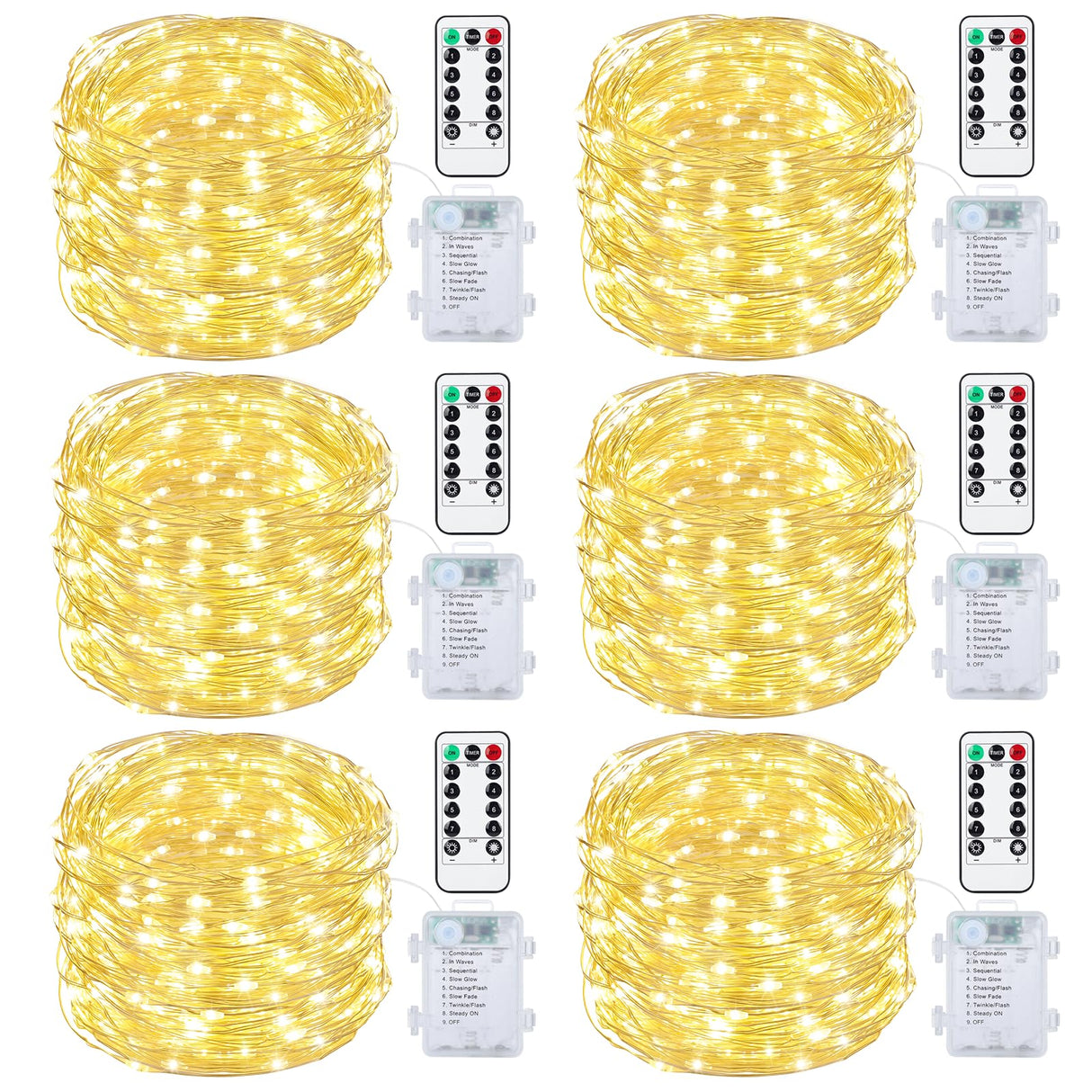 Mlambert 6 Pack 33FT Fairy Lights Battery Operated with Remote and Timer, Dimmable Waterproof 8 Modes Light for Bedroom Dorm Christmas-Warm White