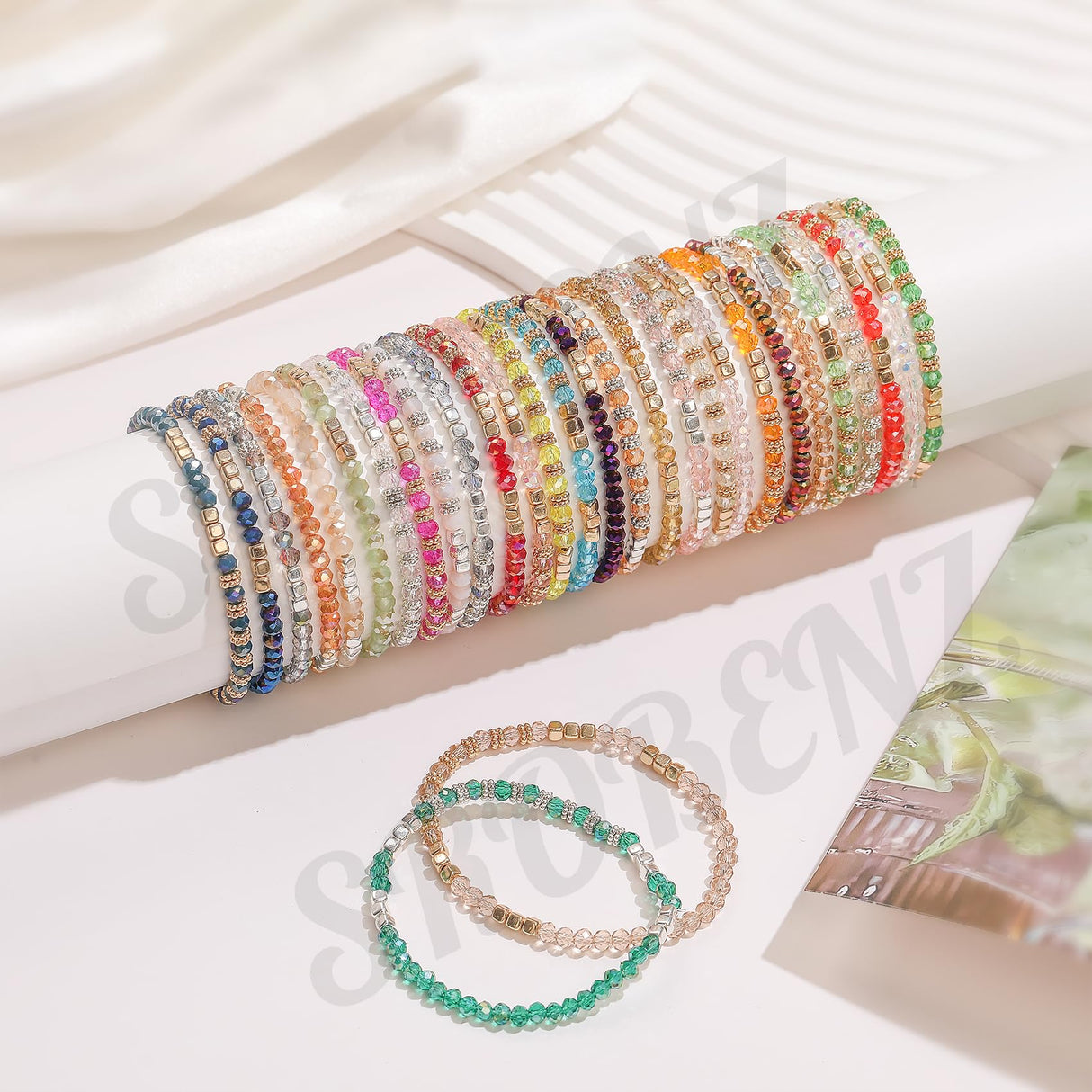 SROBENZ 30Pcs Boho Beaded Bracelets for Women Colorful Stackable Sparkly Crystal Beads Bracelets Multi-Layer Versatile Statement Stretch Cuff Jewelry Gifts