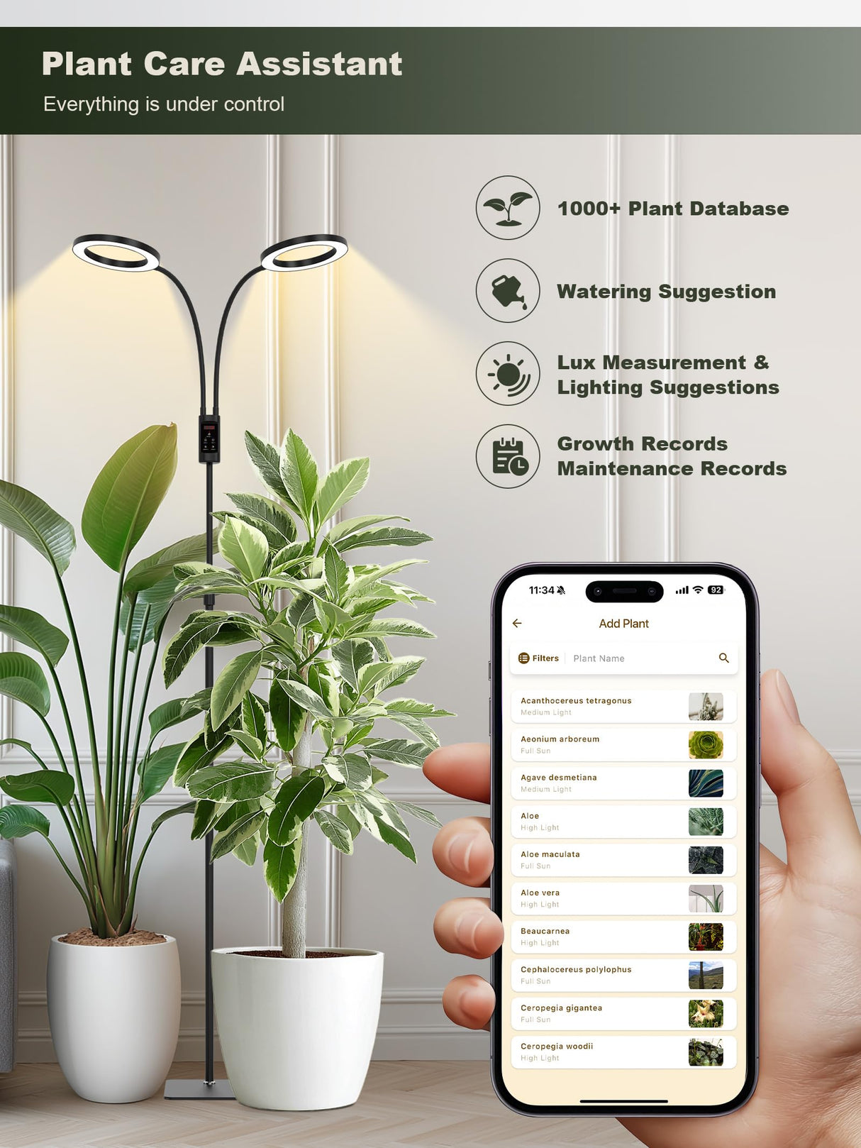 GLOWRIUM Smart Grow Lights for Indoor Plants, 48W Full Spectrum Plant Lights with Bluetooth App, Adjustable Height 47-70.9", Auto Timer, Indoor Plant Lamp for Large Tall Plants(Black 48W)