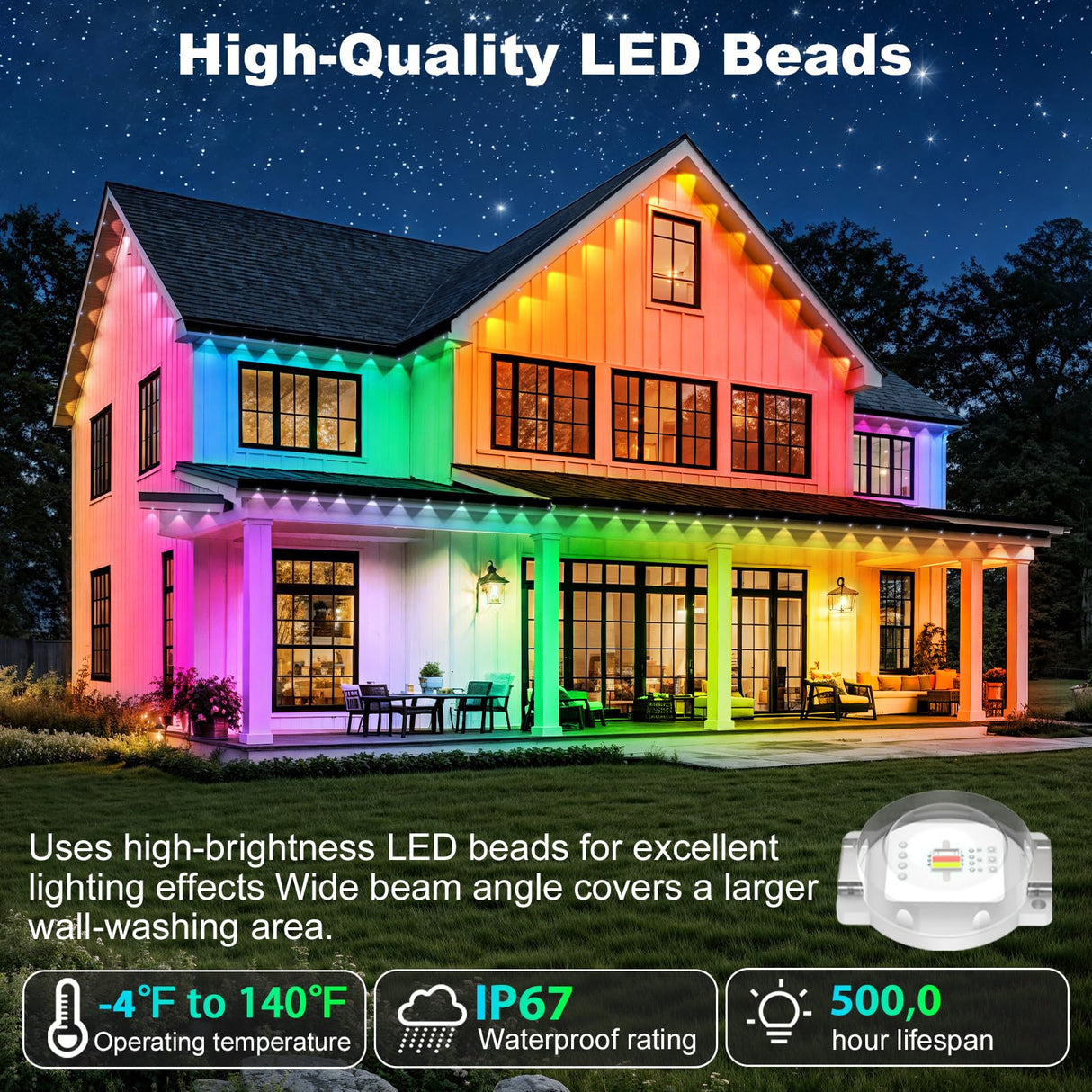 RCUICA 500FT Permanent Outdoor Lights Waterproof with Smart App Control Remote,DIY Scene Modes,Music Sync hronization,Eaves Lights for Garden Decor,Deck,Christmas
