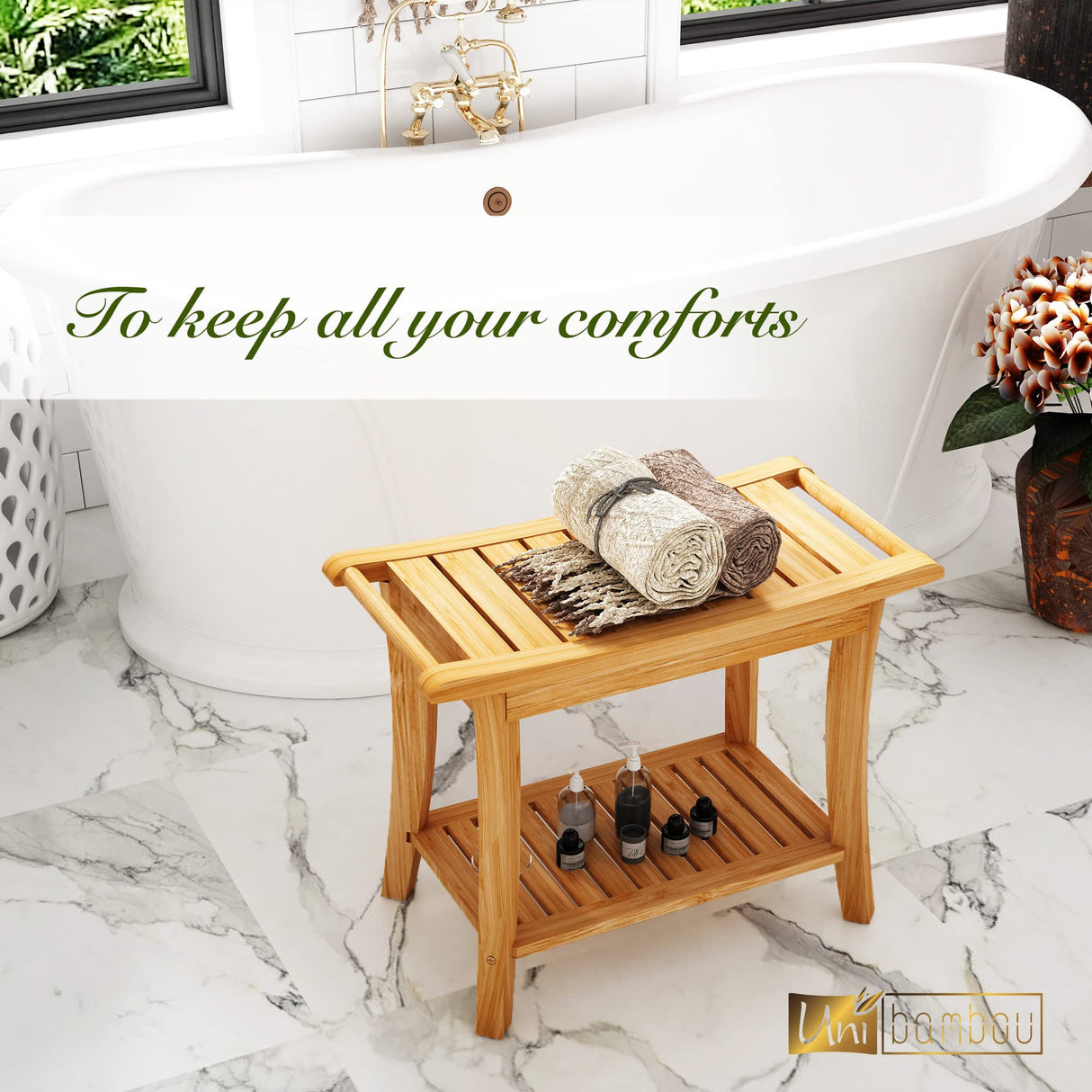 Bamboo Shower Bench Inside Shower Stool with Storage Shelf, Spa Bath Chair for Bathroom, Seat or Organizer for Living Room, Bedroom and Garden - Great for All Ages Unisex Elderly (Waterproof, Natural)