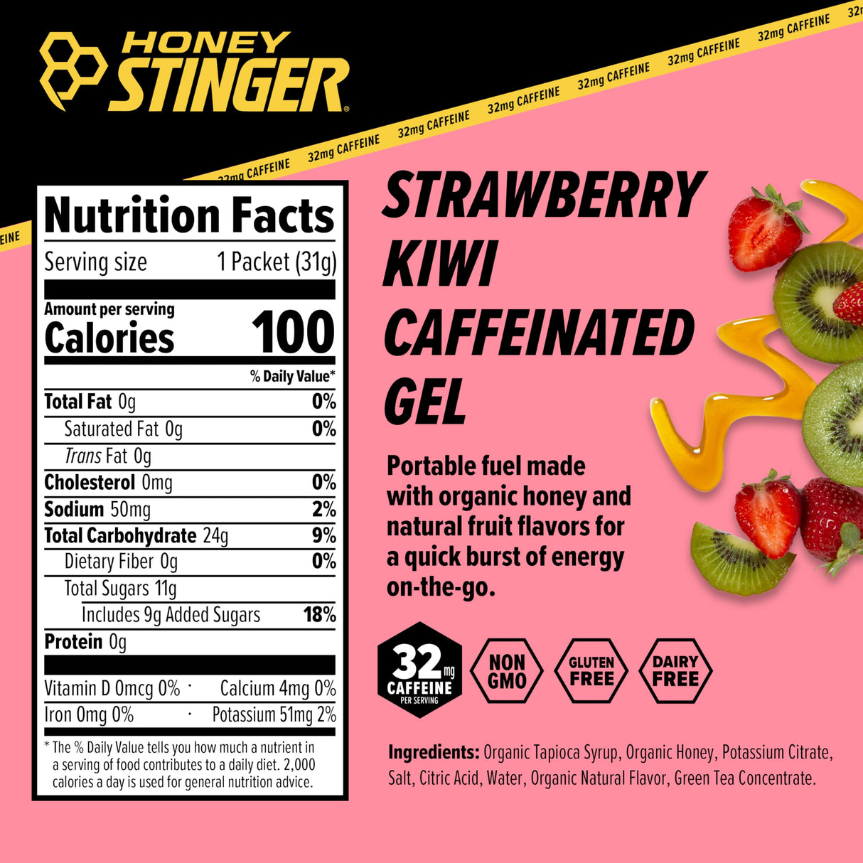 Honey Stinger Organic Strawberry Kiwi Energy Gel, Caffeinated & Gluten Free, for Exercise, Running and Performance, Sports Nutrition for Home & Gym, Pre and Mid Workout, 12 Pack, 13.2 Ounce