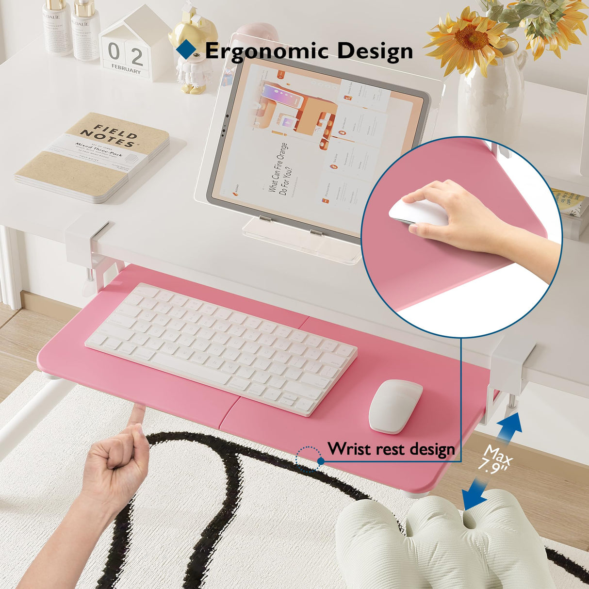 BONTEC KMT01 Under Desk Keyboard Tray, Pull-Out Keyboard & Mouse Platform with C-Clamp, 25.6 x 11.8 in Space-Saving Ergonomic Slide-Out Drawer, Pink