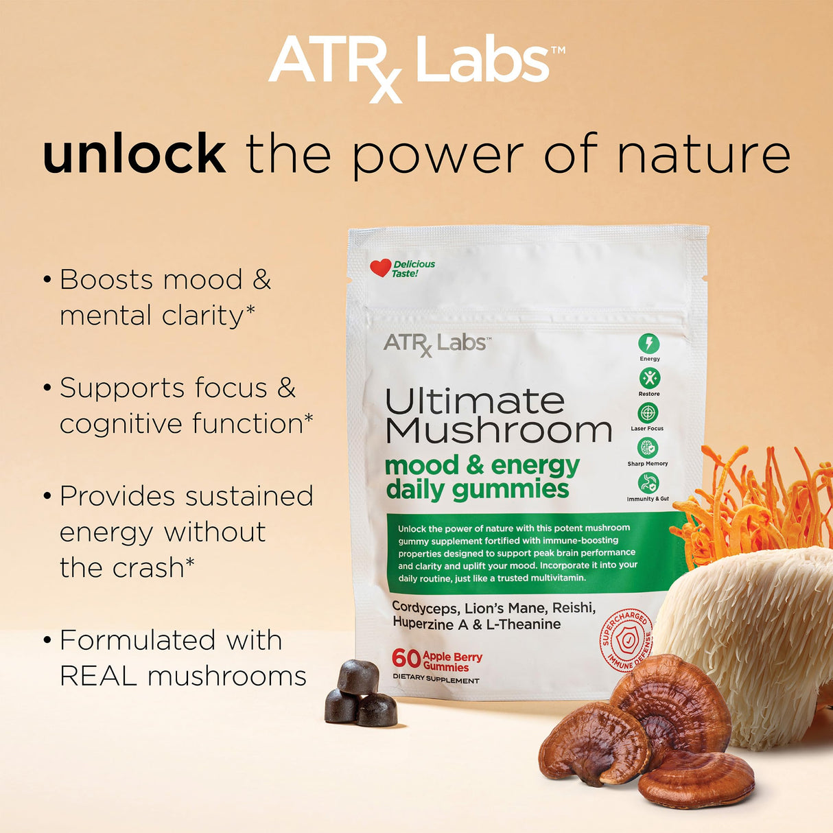 ATRx Labs Ultimate Mushroom Daily Gummies - Mushroom Gummies with Cordyceps, Lion’s Mane, and Reishi, Plus Huperzine A & L-Theanine, May Improve Mood and Energy, Apple Berry Flavor, 60 Gummies