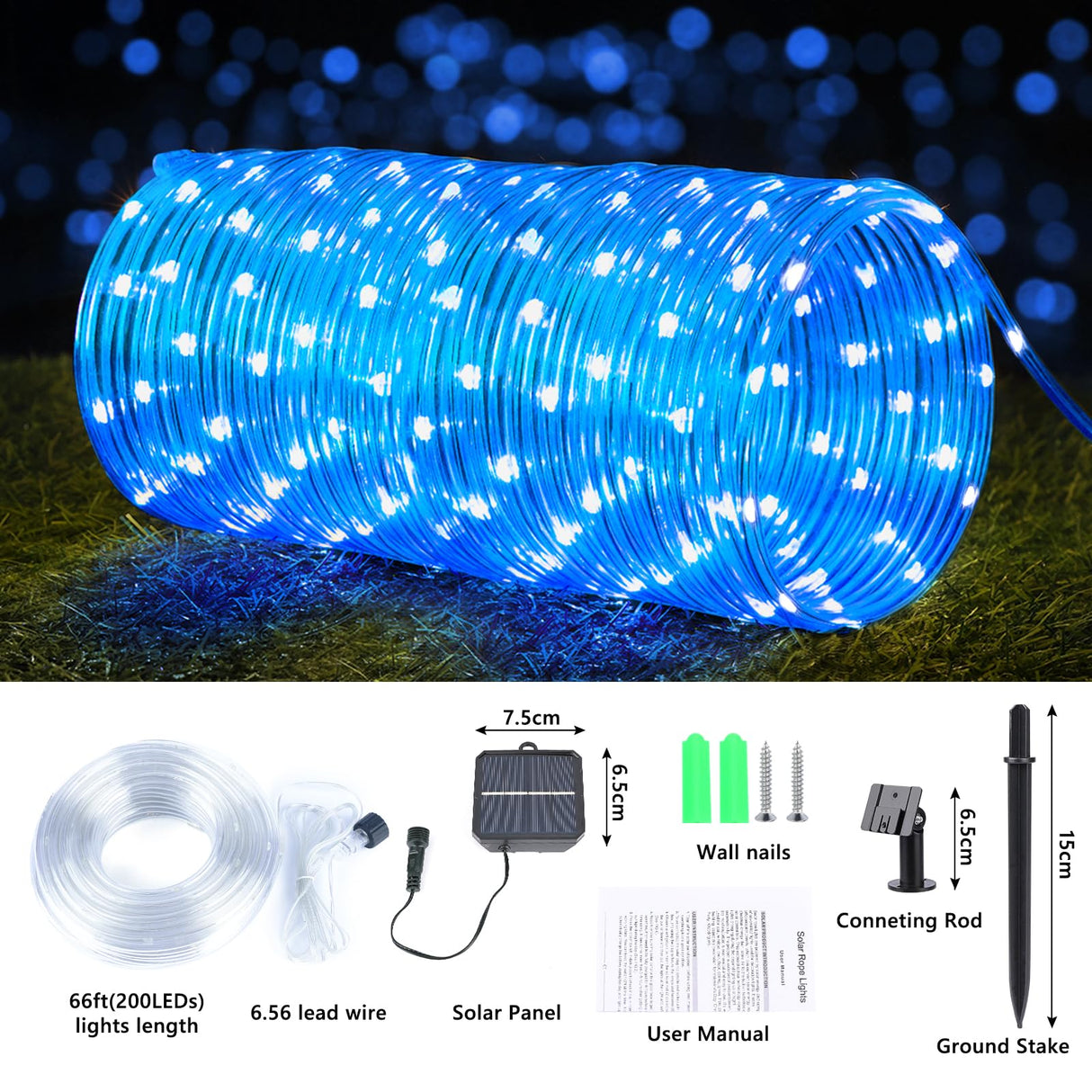 Solar Rope Lights, 2 Packs Total 132ft 400LED Solar String Lights, 8 Modes Waterproof Solar Powered Outdoor Light, Flexible Clear Tube Light for Garden Backyard Patio Deck Porch Tree Xmas Decor - Blue