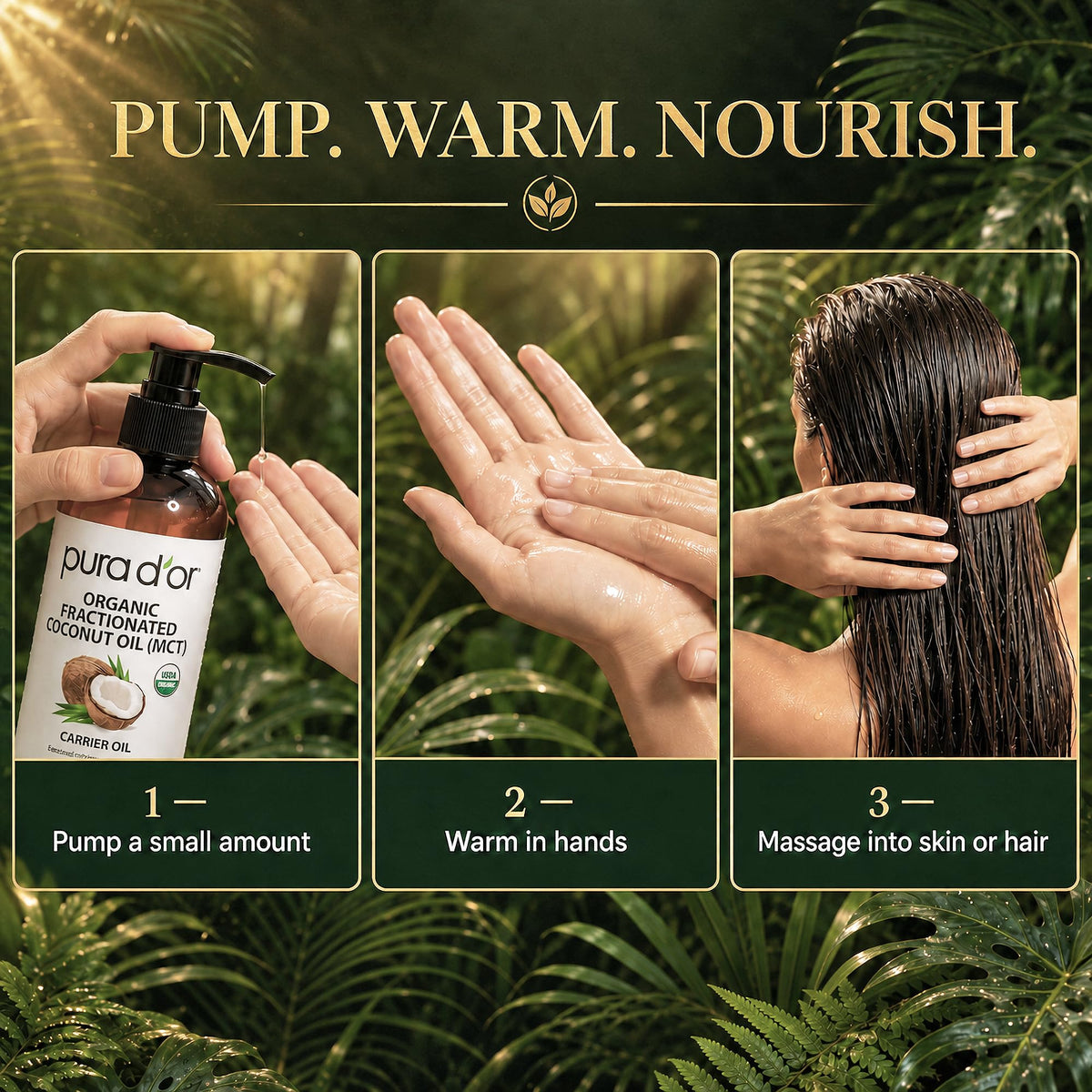 PURA D'OR USDA ORGANIC Fractionated Coconut Oil: Hair, Face 16oz