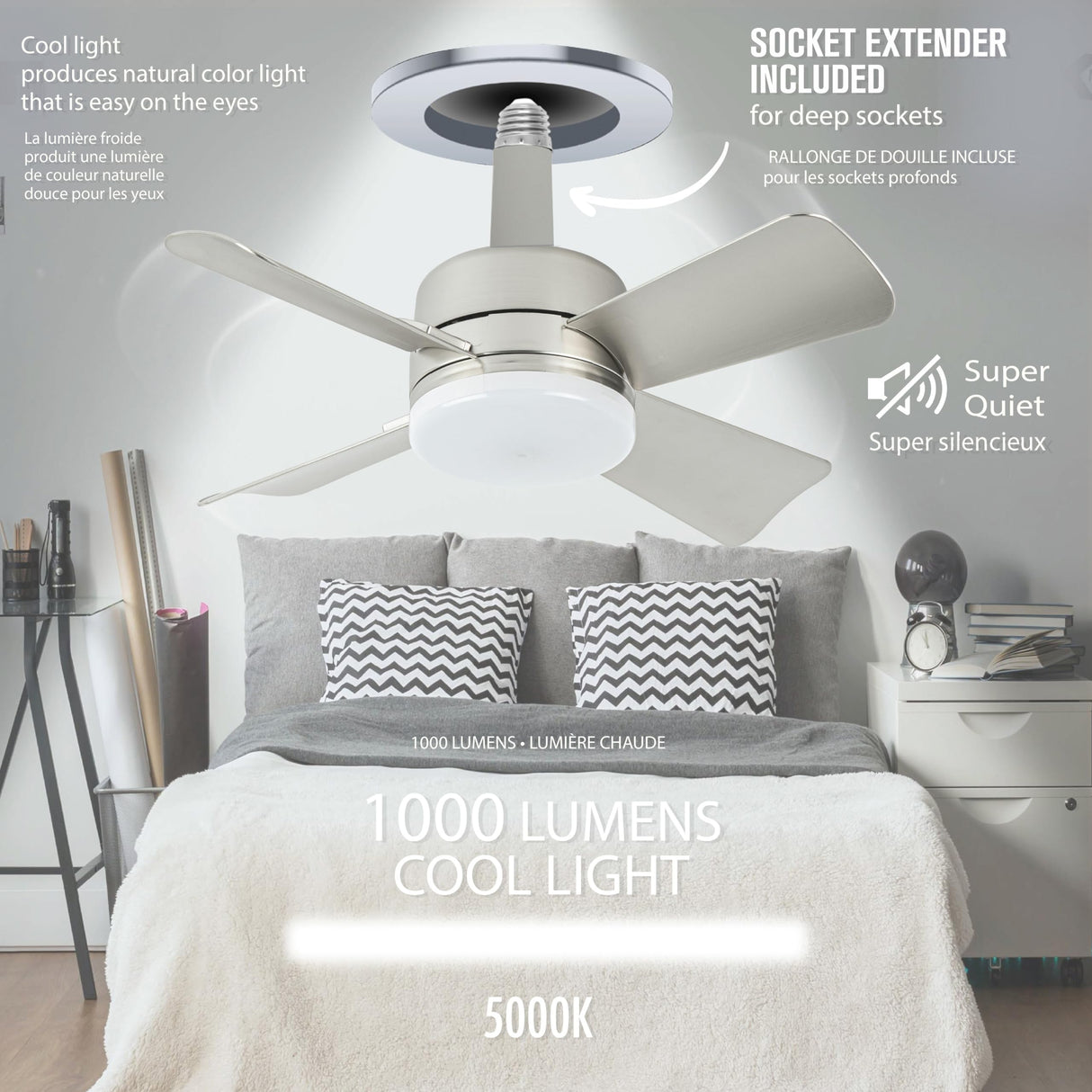 Bell+Howell Socket Breeze Cool Light Deluxe Silver โ Ceiling Fans with LED Lights and Remote Control, Replacement for Lightbulb - Bedroom, Kitchen, Living Room,1000 Lumens / 5000 Kelvins