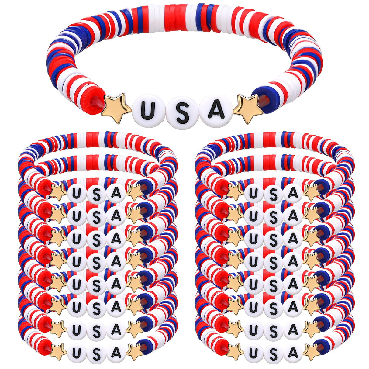 Huquary 24 Pcs USA Bracelets Bulk Red White Blue Polymer Clay Beaded,Usa