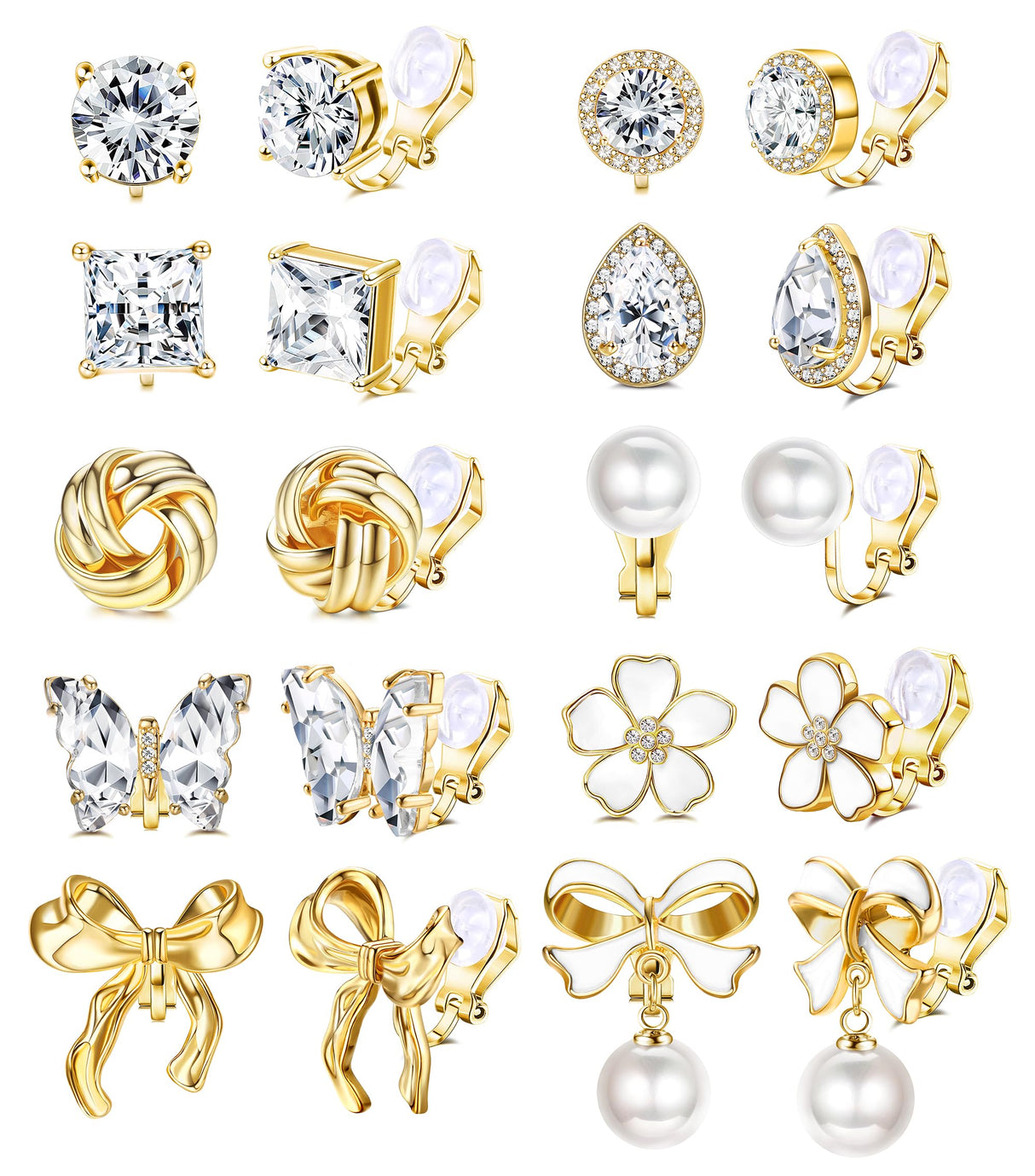 Drperfect Clip on Earrings Women Gold Dangle Pearl Bow Flower Butterfly Cubic Zirconia Non Pierced Earrings Clip on Stud No Piercing Earrings Clip