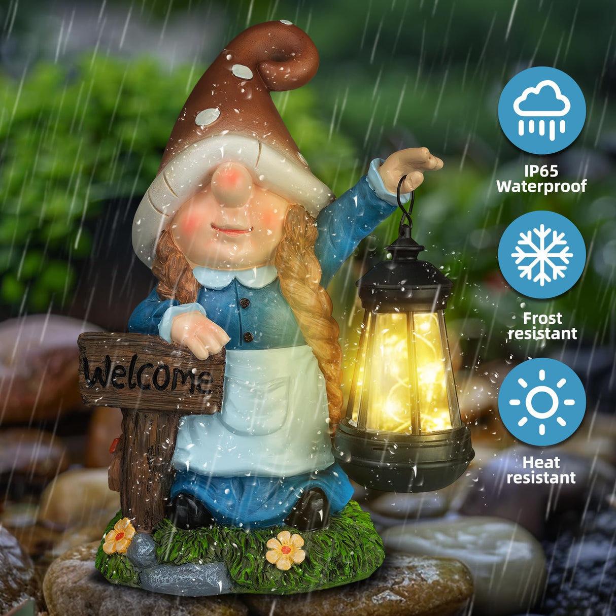 FLJZCZM Solar Large Gnome Garden Statue with LED Lantern Welcome Sign Blue