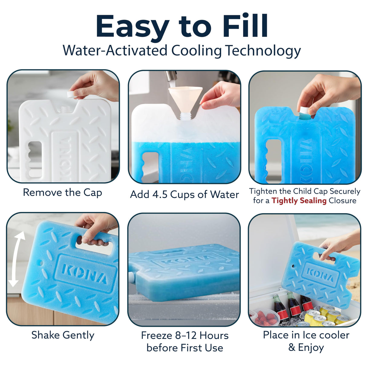Kona Blue Ice Large Ice Packs for Coolers - Long Lasting Design - Refreezable Reusable Cooler Ice Pack (4)