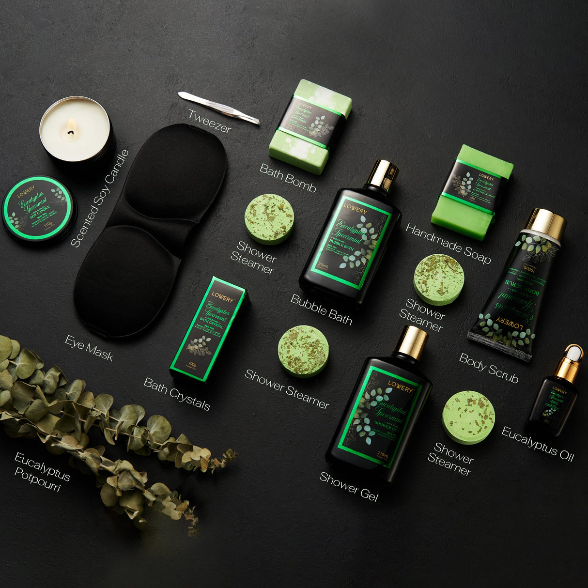 Mothers Day Gifts, Eucalyptus Spearmint Bath Set, Home Spa Set with Natural Mint Fragrance, 17 Pcs Gift Basket, Eucalyptus Bath Oil, Shower Gel, Bubble Bath, Bath Crystal, Steamer Tablet & More