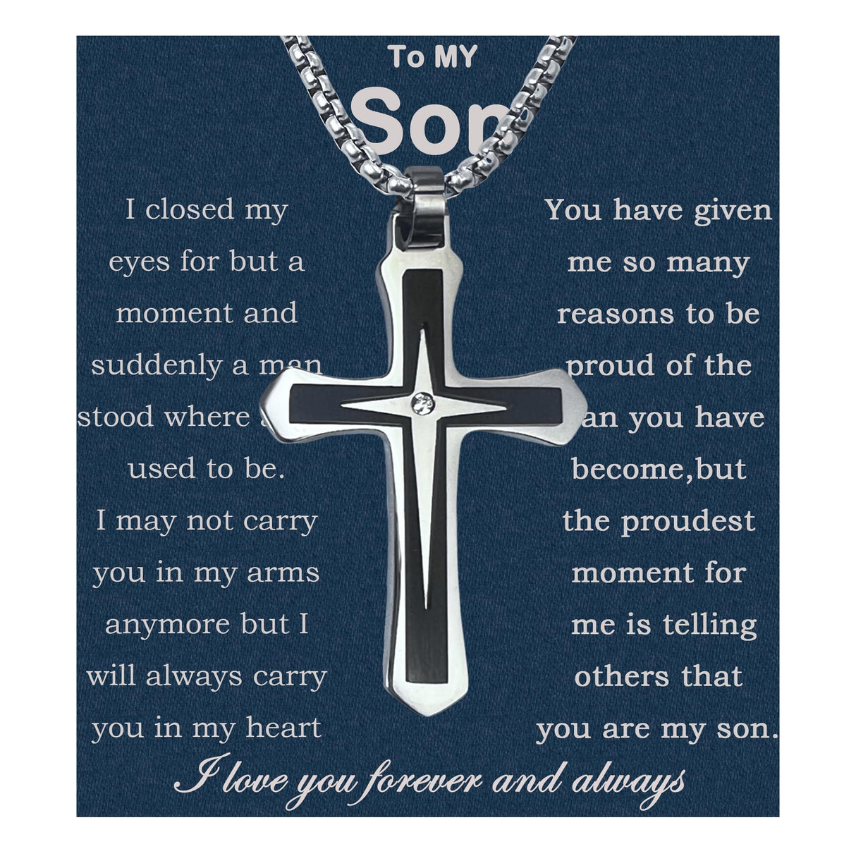 Son Gifts From Mom To My Son Necklace From Dad Faith Cross Necklace Present Graduation Birthday Christmas Gifts Message Card&LED Gift Box (SN928 Silver-black Led Box)