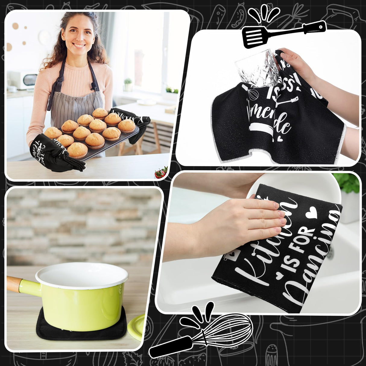 Fourluoo 10 Pcs Farmhouse Kitchen Decor and Accessories Set 4 Kitchen Towels 2 Pot Holders 2 Oven Mitts 2 Rugs for Christmas Thanksgiving Cooking Baking Daughter Mom Gifts(Black,Classic Style)
