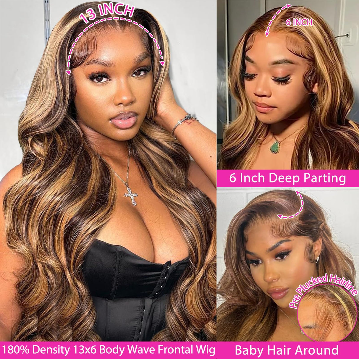GAOYIFU Ombre Lace Front Wig Human Hair Highlight 13x6 HD Body Wave Lace Front Wigs Human Hair Pre Plucked Honey Blonde 180 Density 4/27 Frontal Glueless Highlighted Wig for Black Women 28 Inch