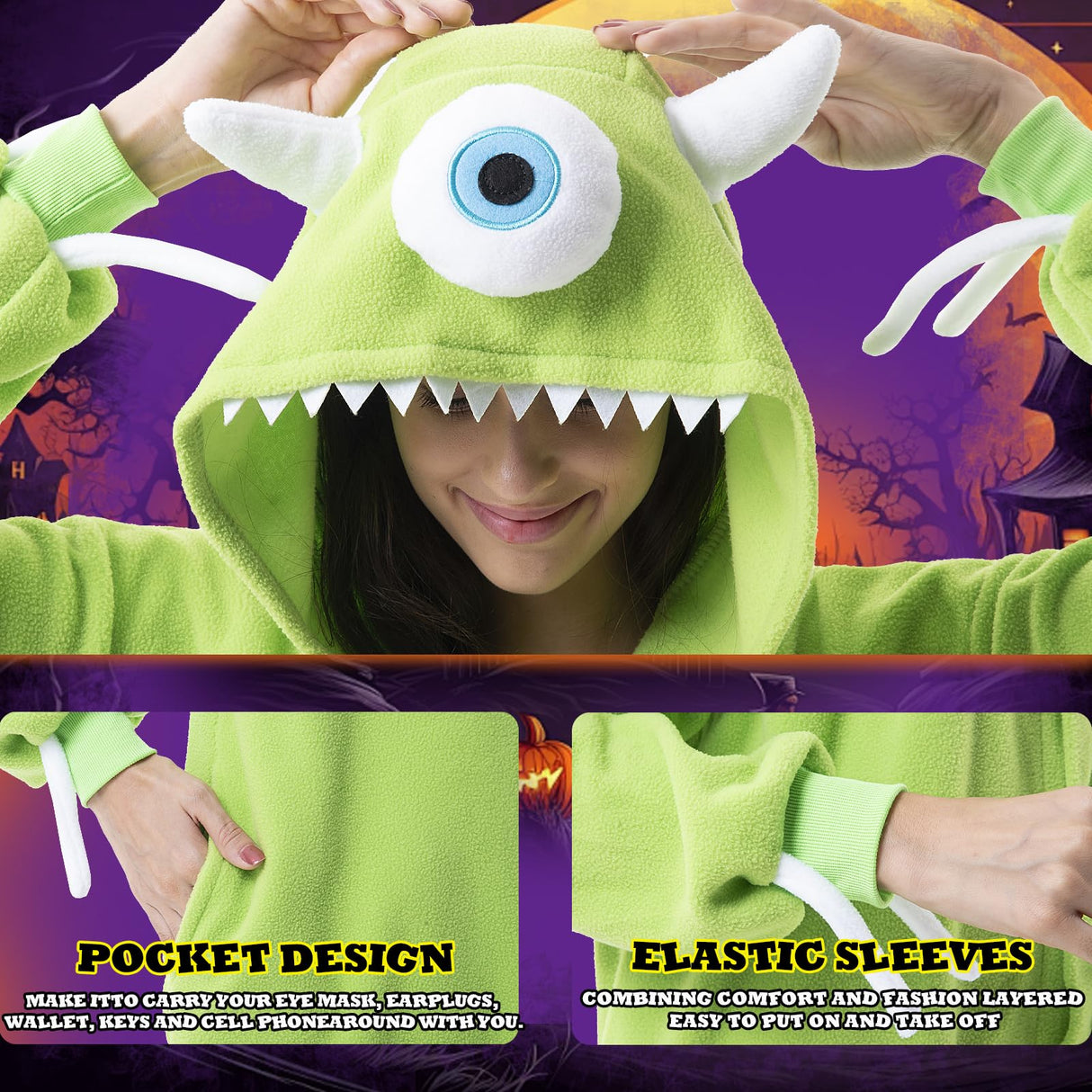 Beauty Shine Unisex Adult Onesie One Piece Pajamas Cosplay Cartoon Costume Halloween Christmas Sleepwear Jumpsuit Plush Homewear(Mike Wazowski, Small)