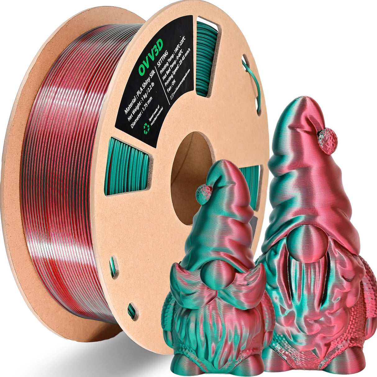 OVV3D PLA Filament 1.75mm Dual-Colors, Christmas Red Green Silk PLA Filament,3D Printer Filament Rainbow PLA Filament, 3D Printing Filament +/-0.02mm, 1kg/2.2lbs