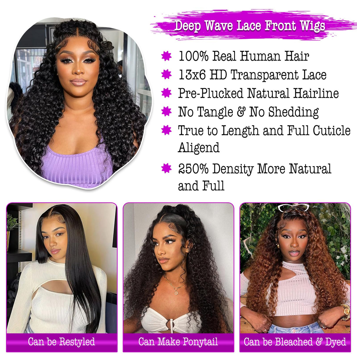 GHOLE 30 Inch 250 Density HD Lace Front Wigs Human Hair 13X6 Deep Wave Lace Front Wigs Human Hair Pre Plucked Deep Wave Wig Curly Human Hair Wig for Women HD Lace Frontal Wig Natural Black