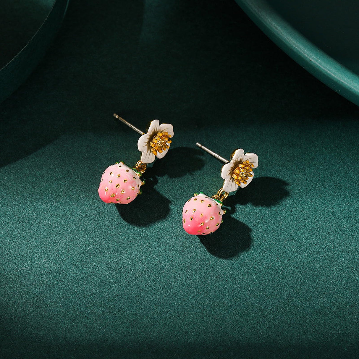 Pink Strawberry Flower Drop Earrings - Cute Enamel Fruit & Floral Stud Drop Earrings for Women, 18K Gold Plated Dainty Aesthetic Jewelry