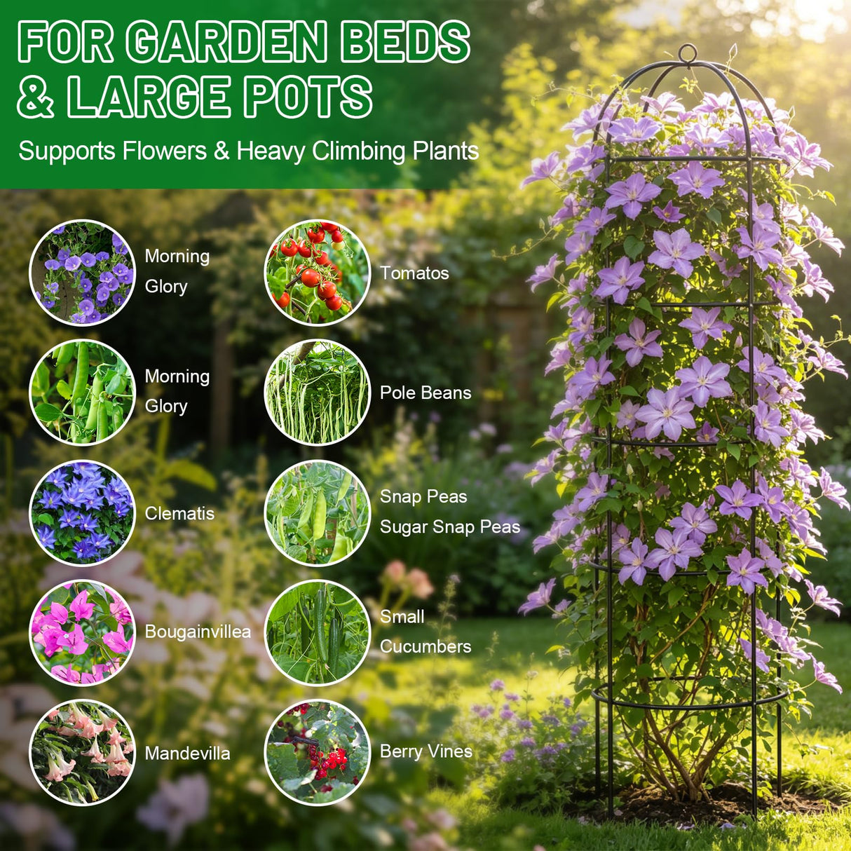 Trellis for Climbing Plants Outdoor, 60" Tall, 21" Dia, Heavy Duty Metal Garden Trellis Tower Potted Cages for Flowers Fruits Vegetable Cucumber Tomato Rose Clematis Pea Bean Raised Bed Trellises