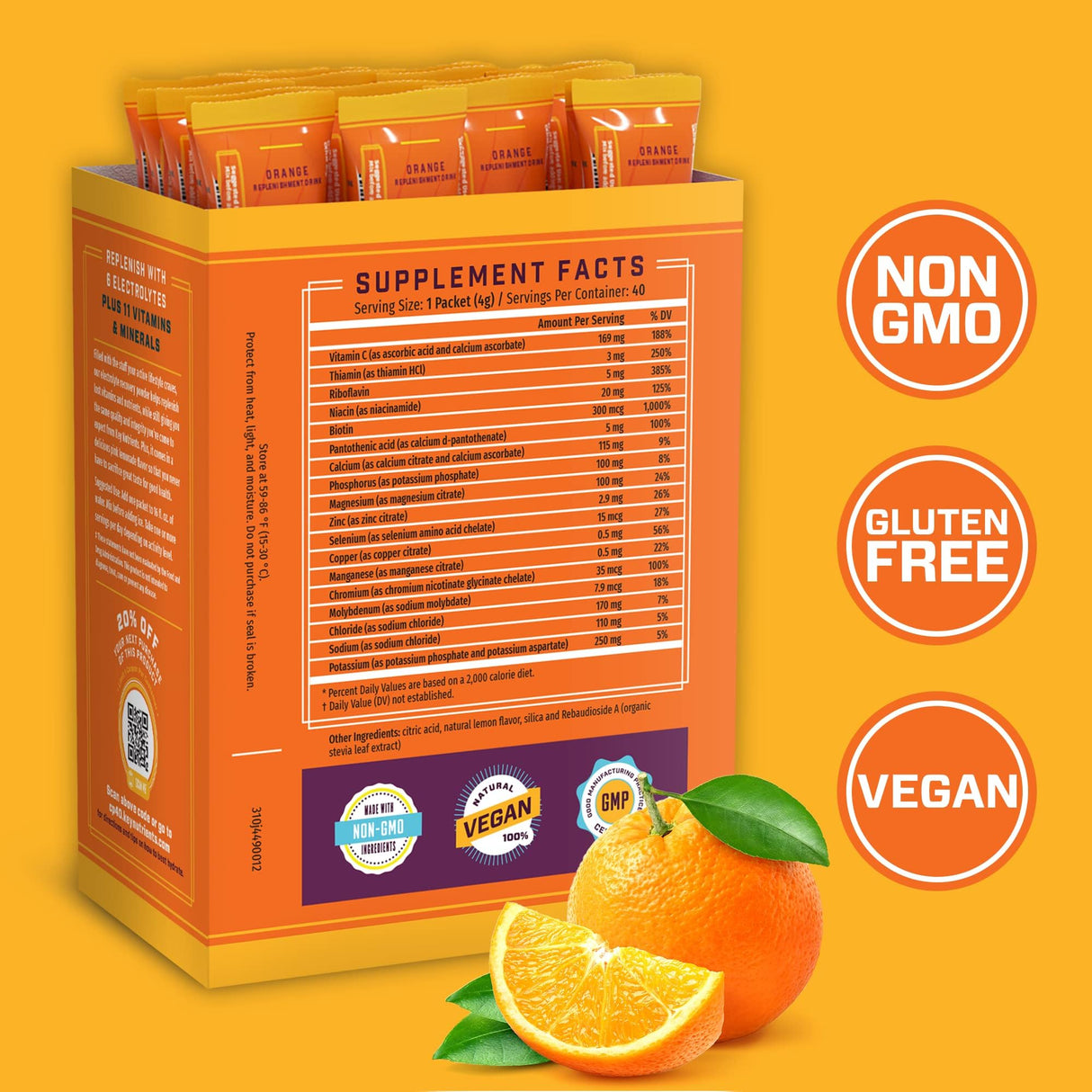KEY NUTRIENTS Electrolytes Powder Packets - Tangy Orange 40 Pack Hydration Packets - Travel Hydration Powder - Made in USA - No Sugar, No Calories, Gluten Free
