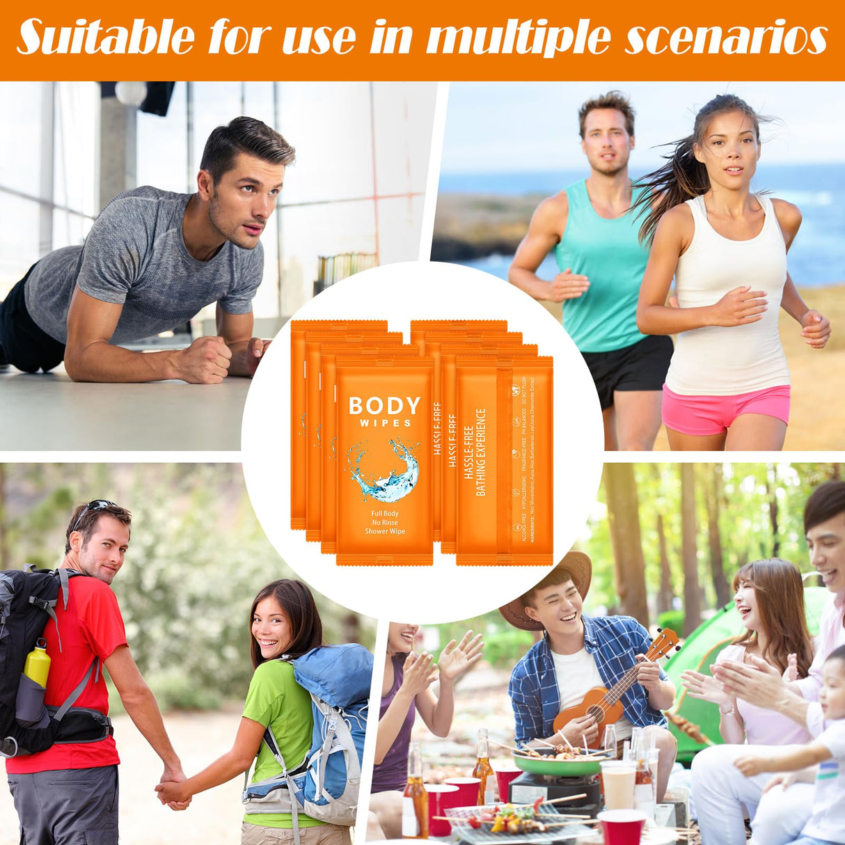 Treela 300 Pcs Bulk Large Body Wipes Individually Wrapped Big Bath Wipes for Adults Bathing No Rinse Shower Bulk Deodorant for Homeless Hygiene Personal Cleansing for Travel Gym(7.09" X 9.84",Orange)